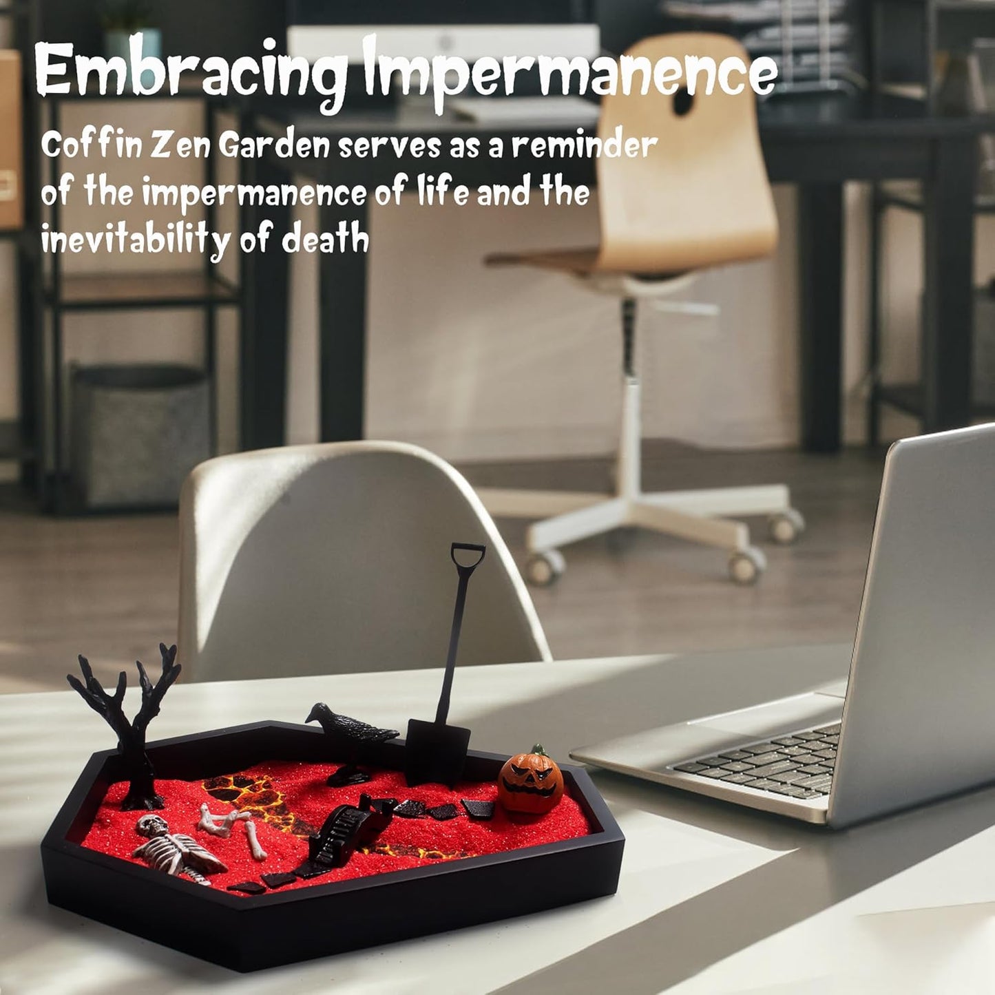 Coffin Zen Garden for Desk 7" x 9" Mini Zen Garden Kit Accessories for Office Coffin Spooky Decor Tray Spooky Gifts Gothic Decor Gifts for Man Women