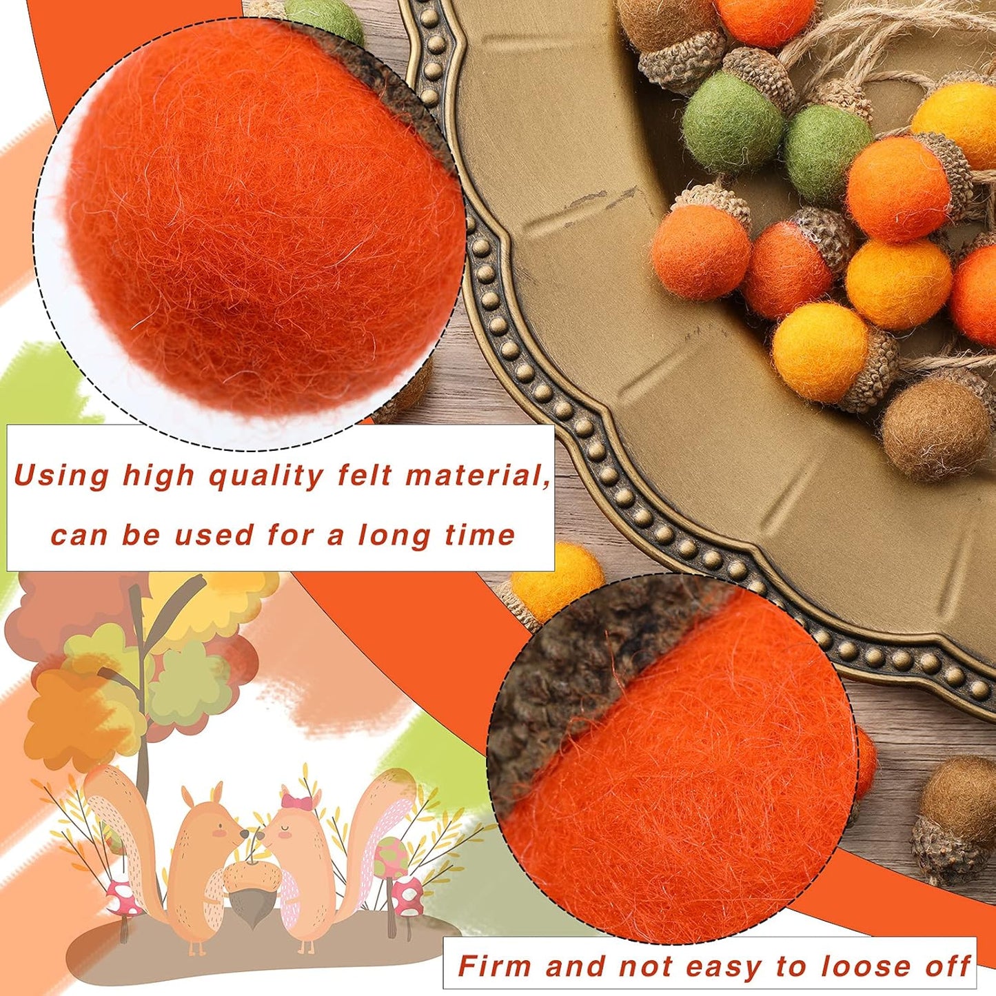 Tatuo 25 Pcs Fall Felt Acorn Ornament Hanging Wool Felted Acorn Garland for Fall Tree Ornament Thanksgiving Felt Ball Pom Decor with Rope for Thanksgiving Christmas Tree Mantel Wall Home