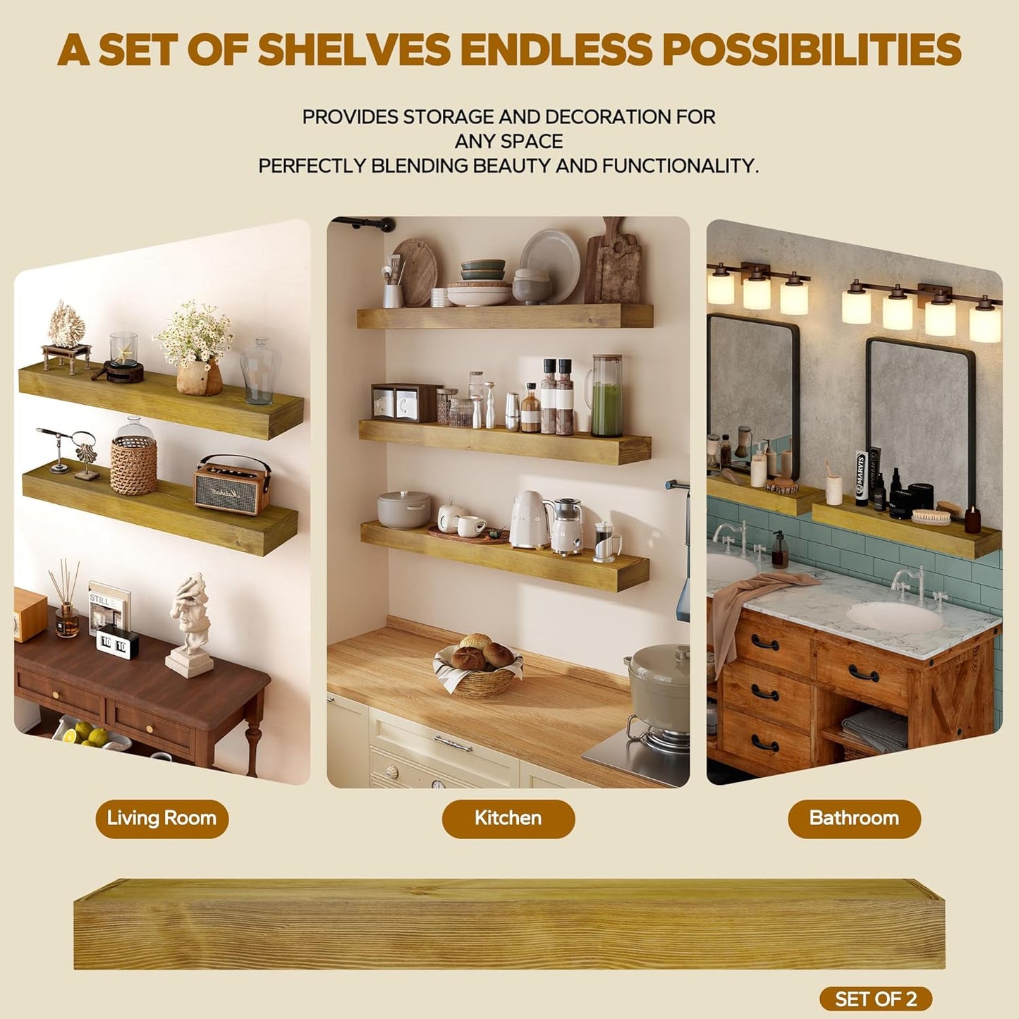 Floating Shelves 3 inch Thick for Wall Set of 2,Solid Pine Wood Wall Mount Shelf for Kitchen Living Room Bedroom Bathroom,8" D x 36" L x 3" H-Gold Oak