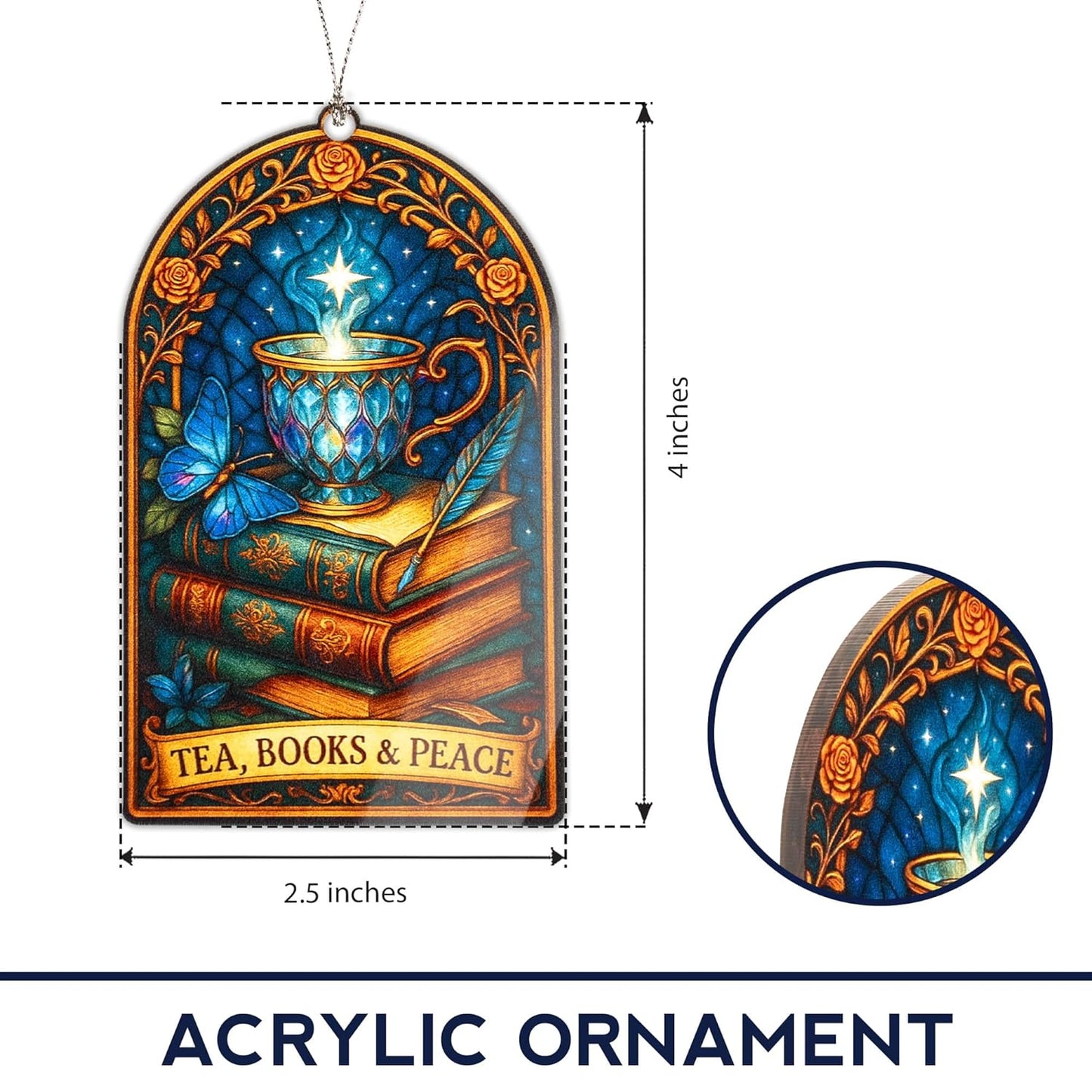 Tea Books Peace Ornament – book lover – tea gifts – reading decor – christmas ornament – Suncatcher effect stained glass window hanging – Car Hanging