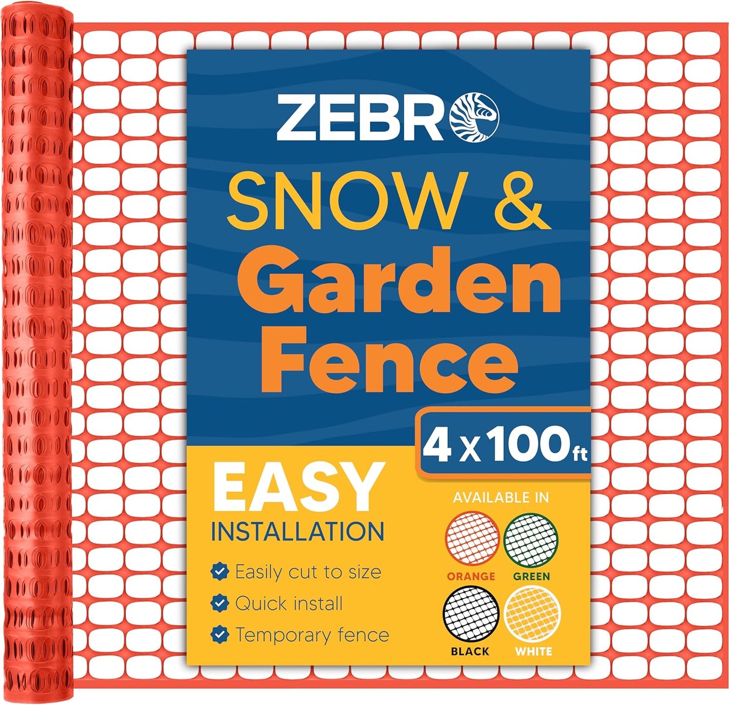 ZEBRO 4' x 100' Orange Plastic Garden Fence Roll – Standard Duty Safety Netting for Snow, Poultry, Deer, Dogs – Reusable Outdoor Barrier for Yard, Landscaping, Animal Protection