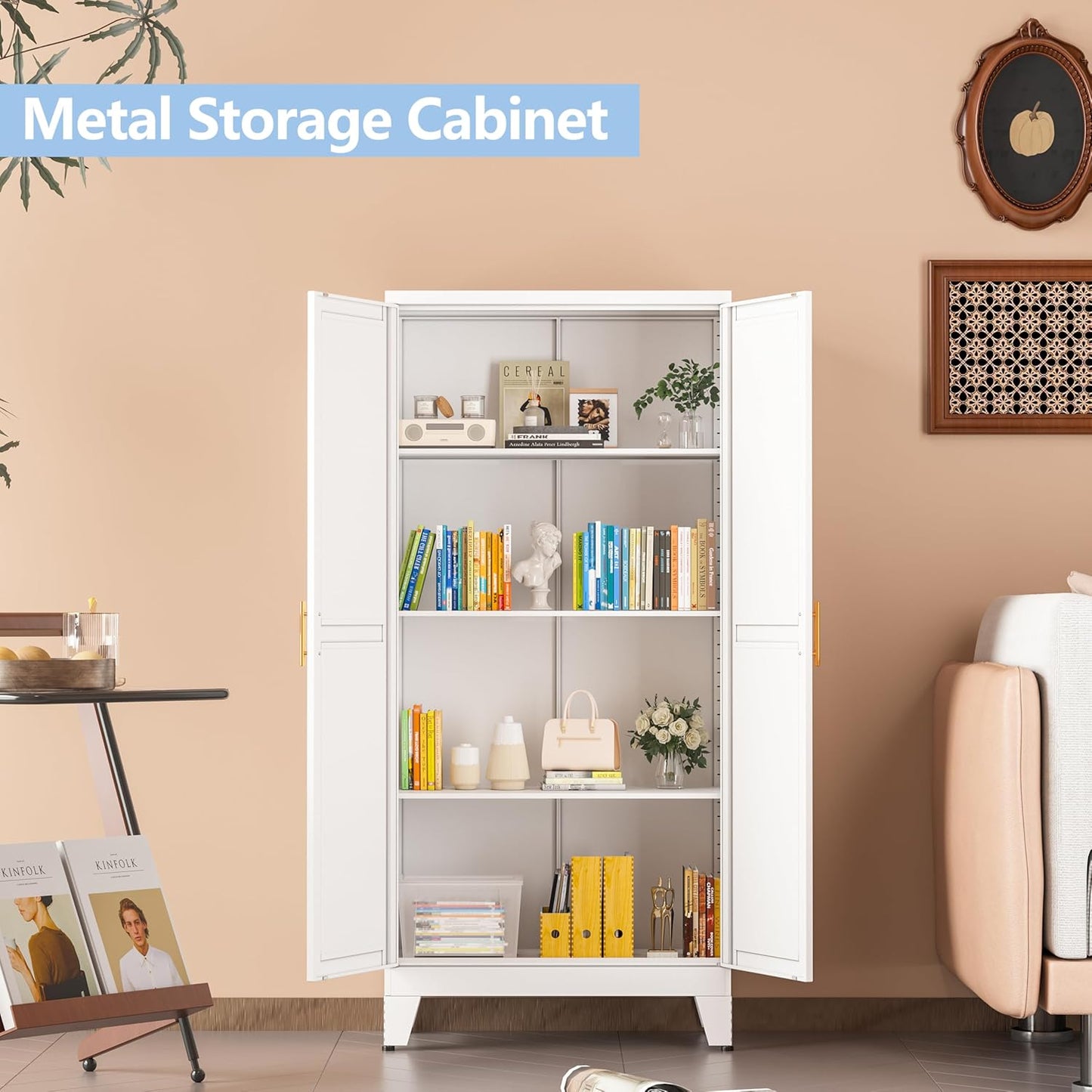 White Metal Storage Cabinet, 48" Steel Cabinets for Home Office, Kitchen Pantry Storage Cabinet with Doors and 3 Adjustable Shelves, for Office, Home, Garage, School
