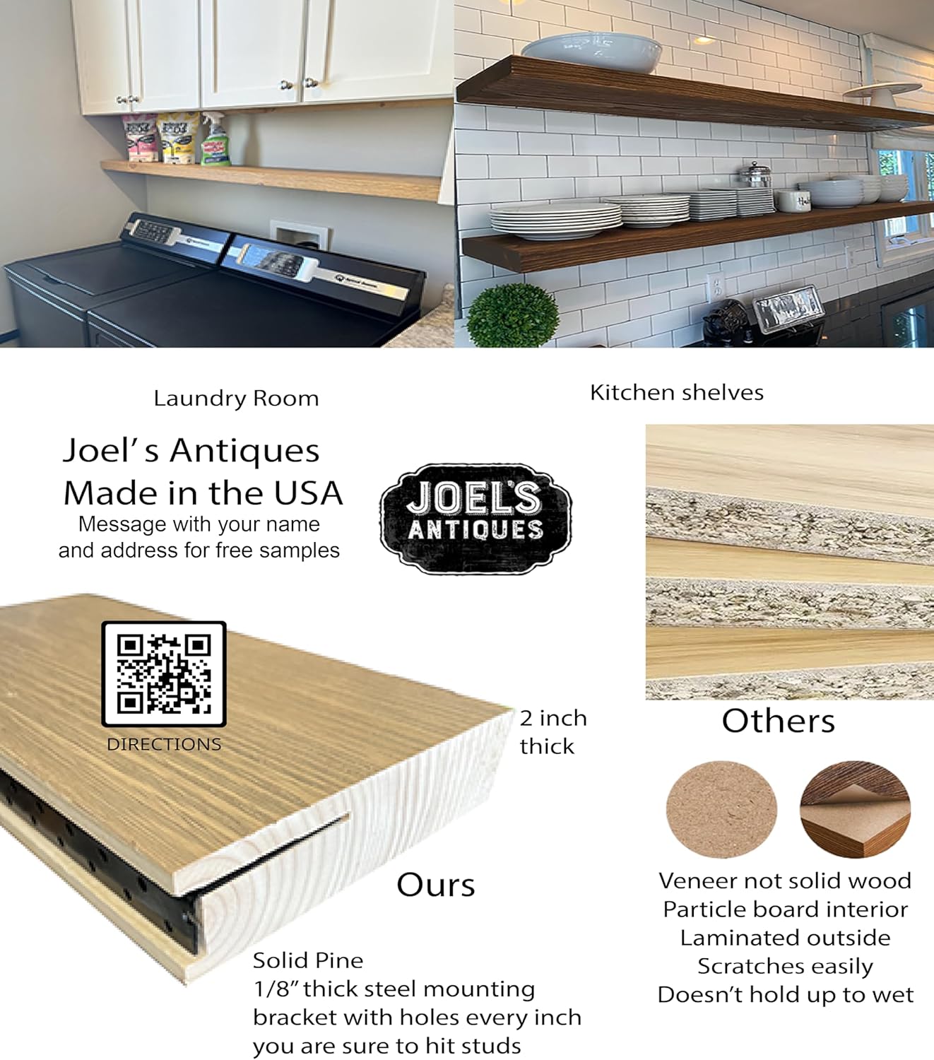 Joel's Antiques - 48 Inch Wooden Floating Shelves for Wall - 48x12x2 in - Made of Natural Wood - Long Heavy Duty Rustic Wall Shelves for Bedroom - Perfect for Living Room, Kitchen - Natural