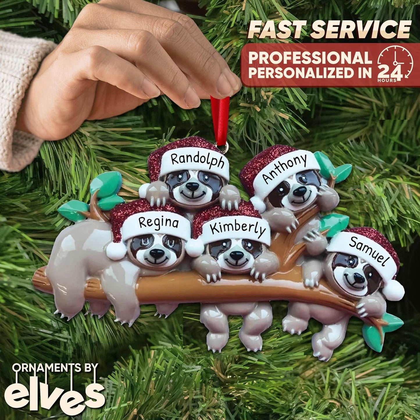 3D Sloth Family of 5 Christmas Ornament 2025 Personalized Family Christmas Ornaments 2025 | Holiday Hangout Sloths Personalized Tree Ornaments Customizable Gifts Tree Hanging Sloth of Five Ornament