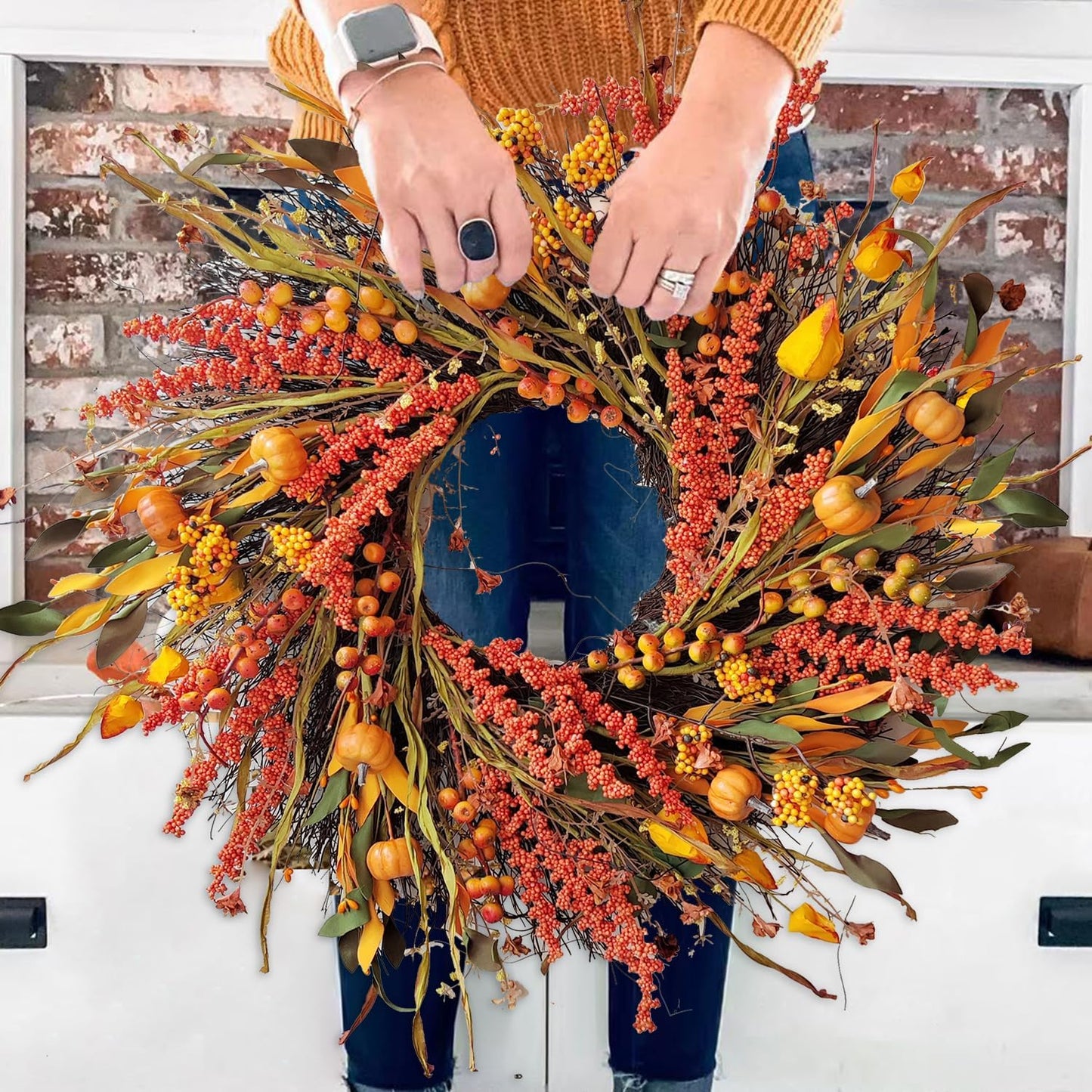 WANNA-CUL 24 inch Fall Wreath Decor for Front Door with Pumpkins, Hawthorn,Grain,Lantern Fruit,Berries,Eucalyptus Leaves, Large Harvest Door Wreath for Autumn or Thanksgiving Decoration