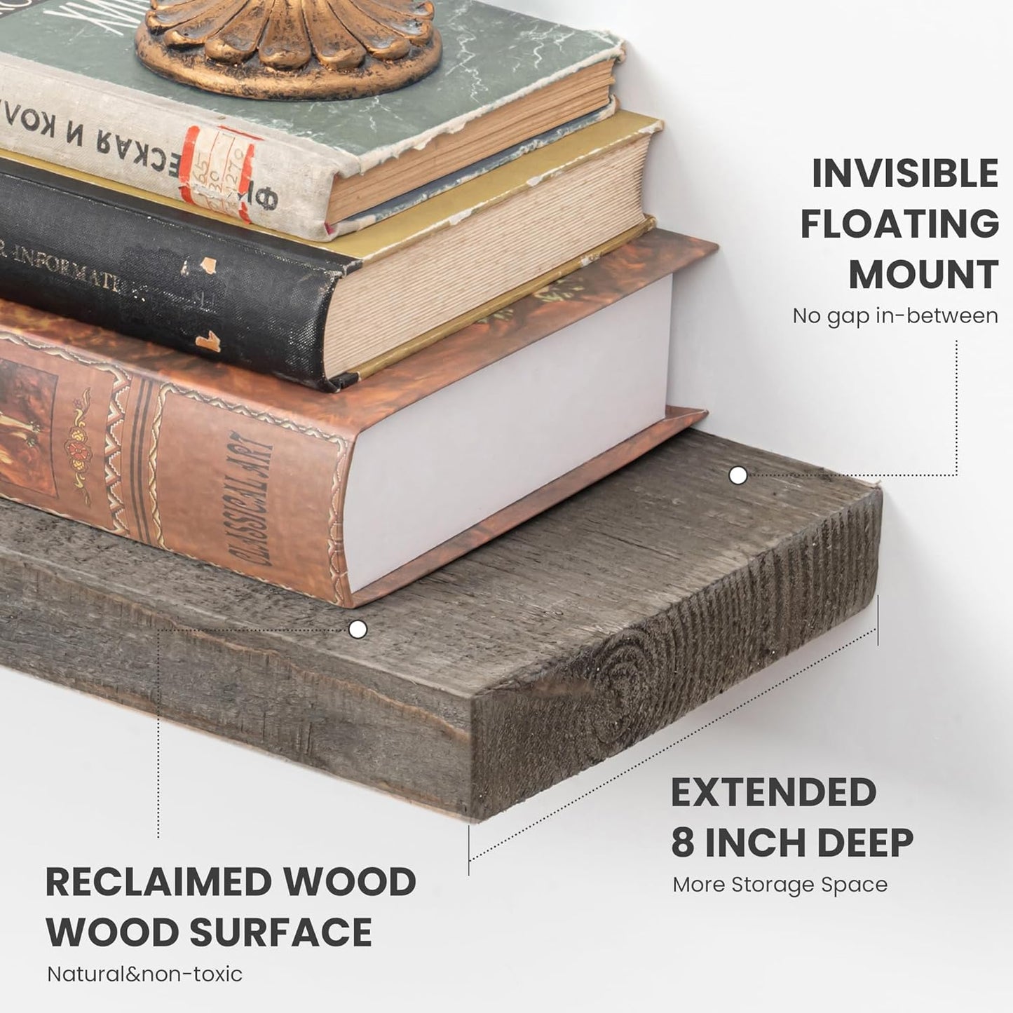 Solid Wood Floating Shelves, 8" Deep Rustic Reclaimed Barnwood Wall Hanging Floating Shelf with Invisible Heavy-Duty Metal Bracket | Wall Mounted | Farmhouse Style | 55 inches,1PC,Grey