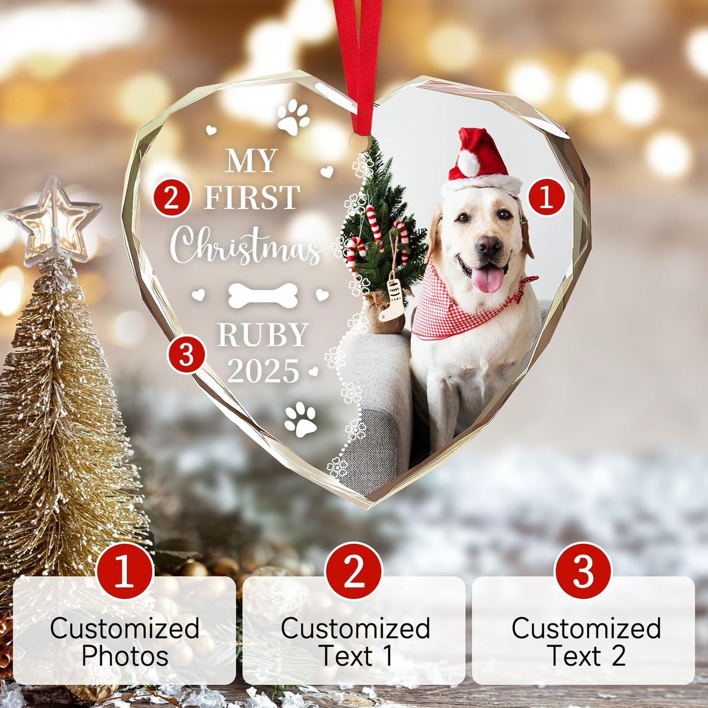 Personalized Christmas Ornaments 2025 with Photo & Text - Customized Crystal Glass Christmas Tree Decor Gifts for Family, Couples, Pets, Baby’s First Xmas – 6 Heart/Round Designs