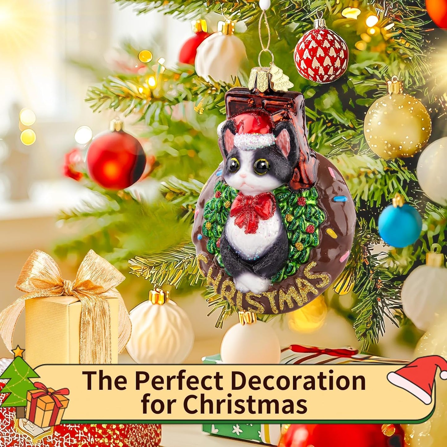 Christmas Tree Ornaments,Hand-Blown Glass Ornaments,Devon Cat Collection Hanging Ornament,Personalized Donut Ornament,Christmas Decorations for Animal Lovers Holiday Party Home Gifts
