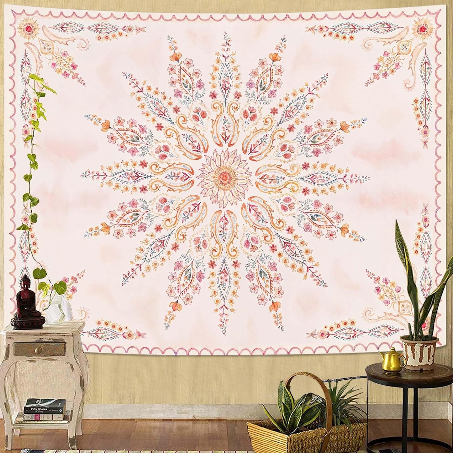 Fowocu Boho Floral Mandala Tapestry for Bedroom Aesthetic Pink Bohemian Flower Wall Tapestry Watercolor Hippie Indian Extra Large Tapestries Wall Hanging for Living Room Dorm Decor 90 x 68 Inch