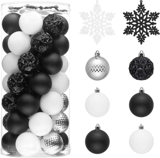 Valery Madelyn Christmas Tree Decorations Ornament Set for Fall Halloween, 50ct 2 Inches Black and White Shatterproof Christmas Ball Ornaments Hanging Xmas Holiday Party Decor