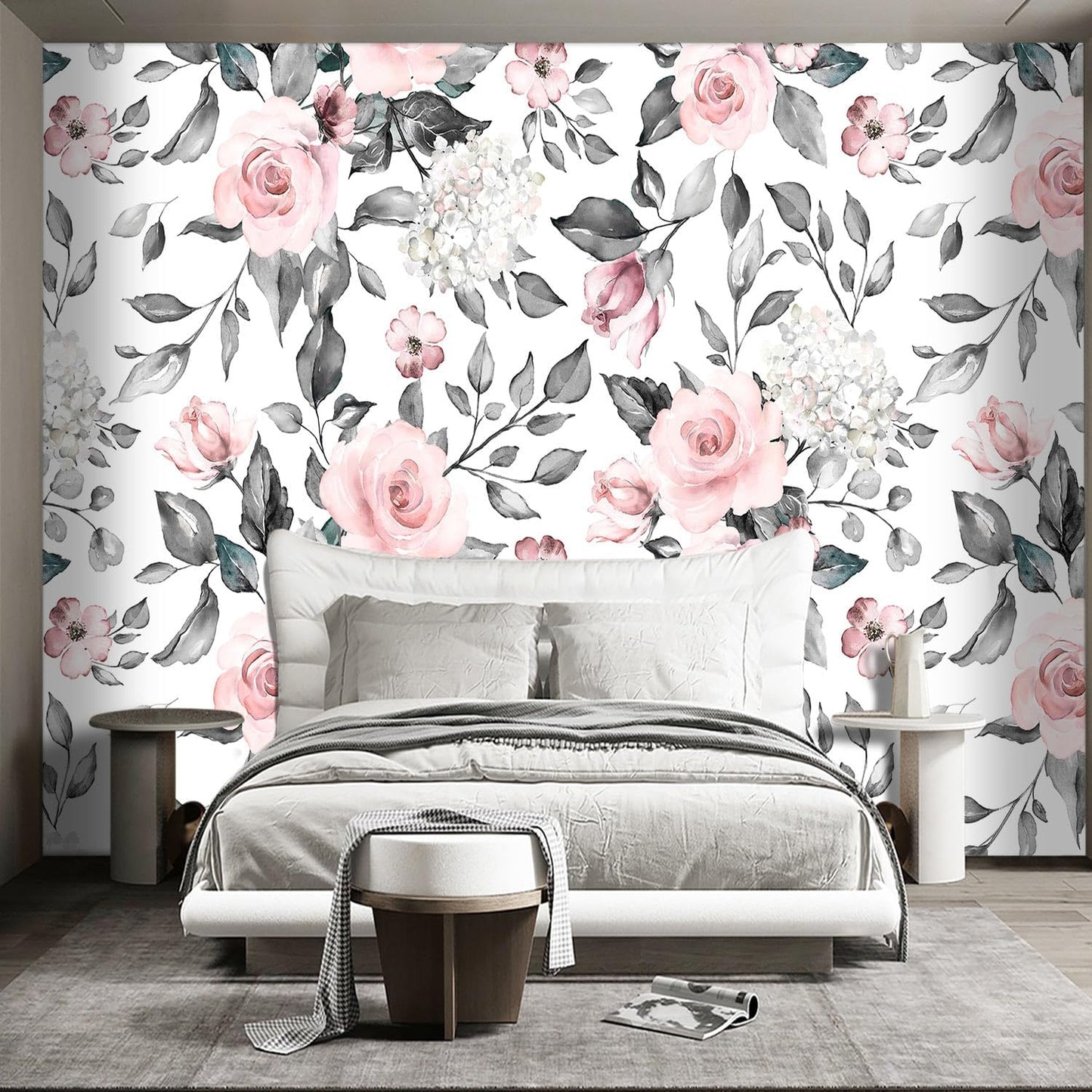 Grey Leaf Pink Flowers Mural Bedroom Floral Wallpaper Room Decor Living Room tv Background Large Wall Mural - 91"x65" (Not Peel and Stick)