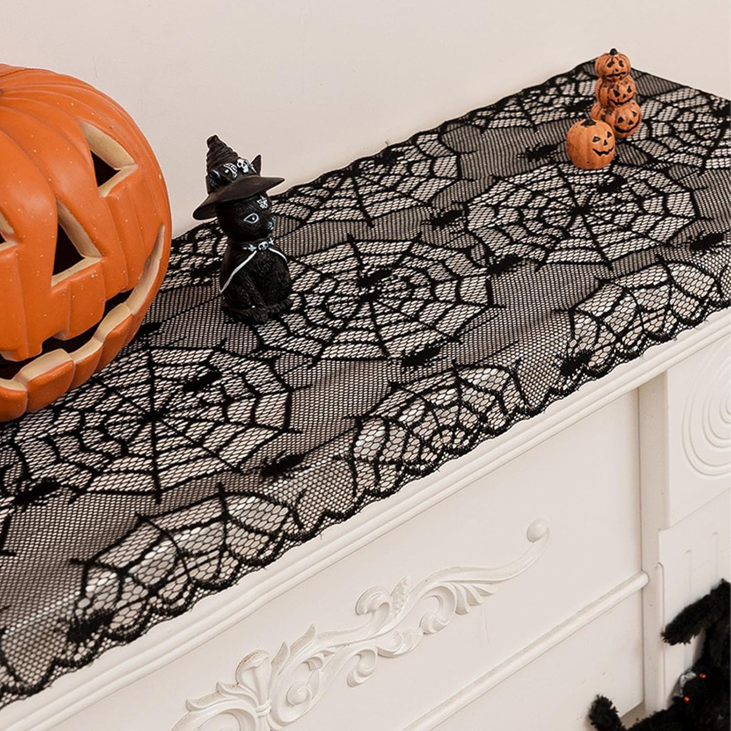 Halloween Lace Table Runners Black Gothic Spider and Cobweb Designs Lace Tablecloth Decorations Autumn Indoor Party Tabletop Cove for Halloween Decor Fireplace Mantel Scarf