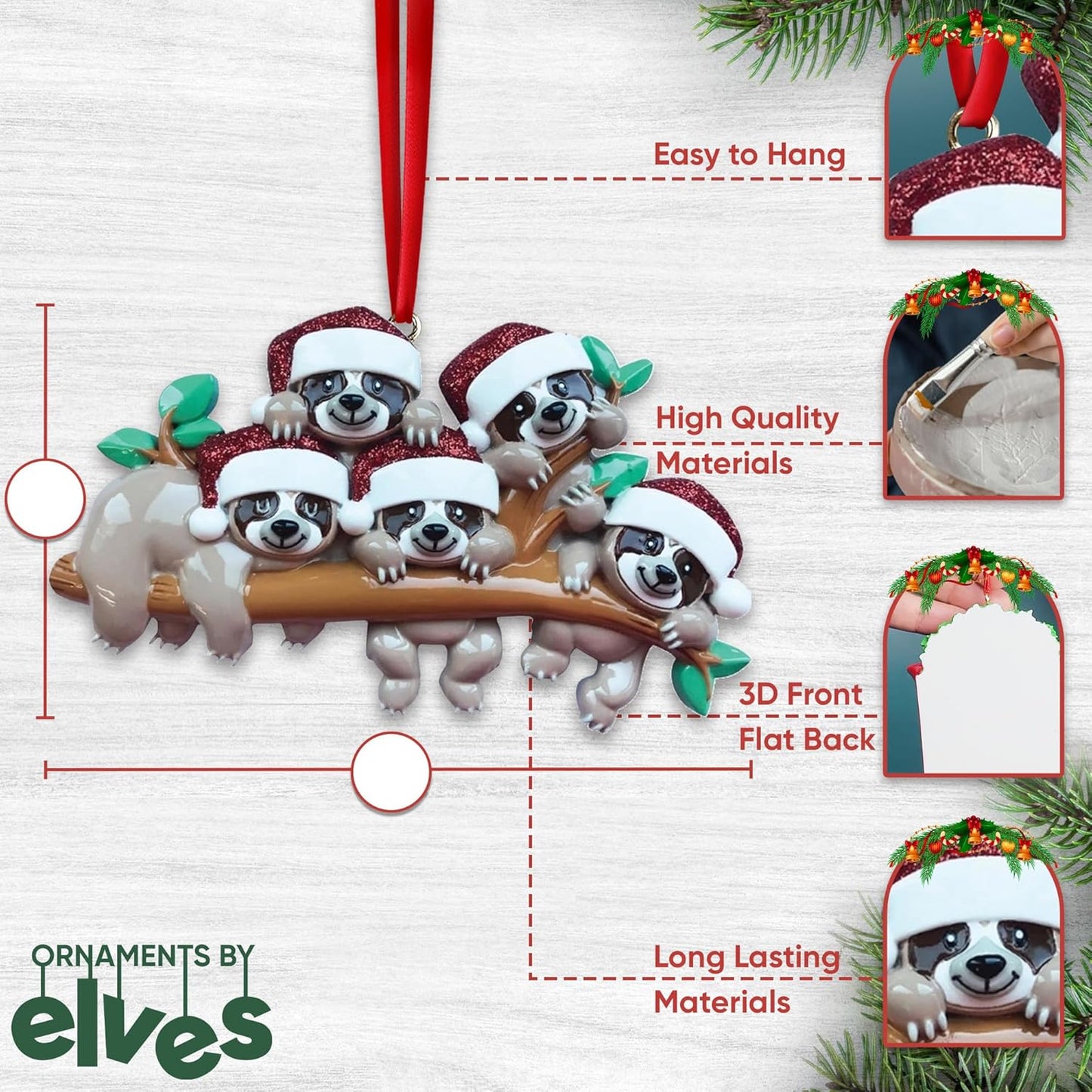 3D Sloth Family of 5 Christmas Ornament 2025 Personalized Family Christmas Ornaments 2025 | Holiday Hangout Sloths Personalized Tree Ornaments Customizable Gifts Tree Hanging Sloth of Five Ornament