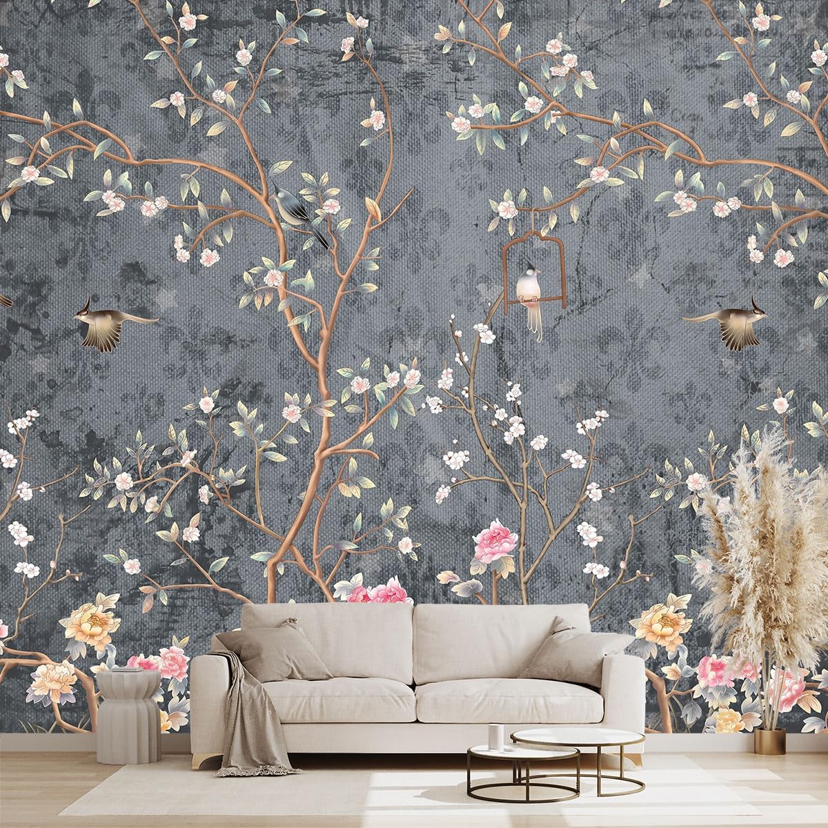 Grey Retro Floral wallpeper Living Room Bedroom Chinese Style Flower Bird Wall Mural - 91"x65"（Not Peel and Stick）