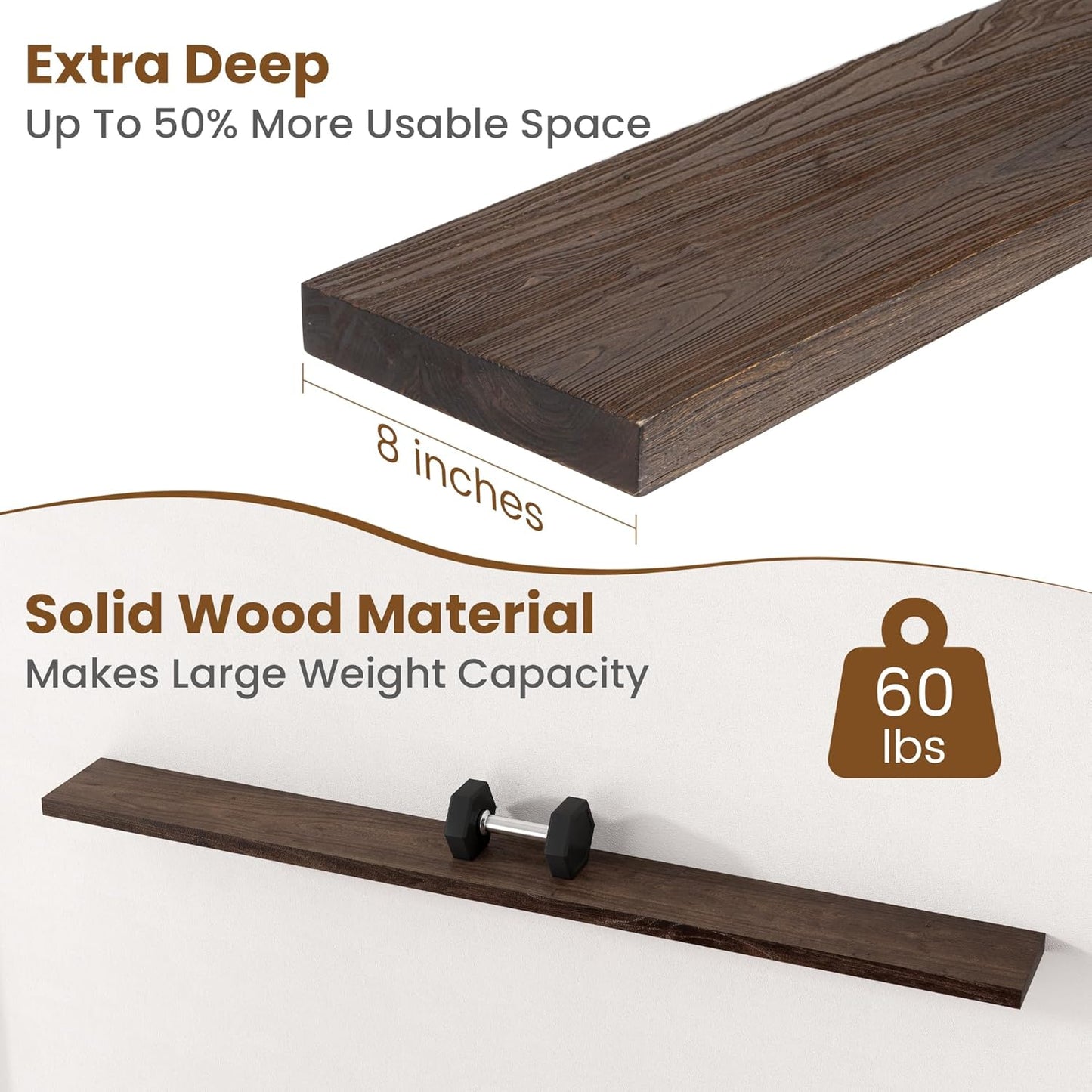 Floating Shelves for Wall Decor, 8 Inch Deep Rustic Solid Elm Wood Floating Shelves Wall Mounted, Wall Shelves with Invisible Bracket for Living Room Bathroom Bedroom Kitchen, 72 Inch Set of 1, Walnut