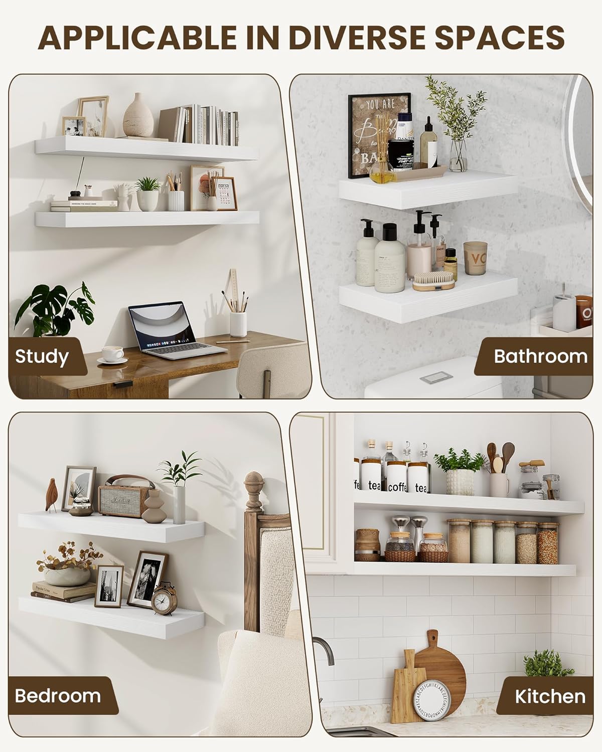 Marsmiles 6.7" Floating Shelves for Wall, Wooden Shelves with Invisible Brackets Set of 2, Rustic Farmhouse Wall Mounted Shelf for Kitchen Bathroom Living Room Study, White