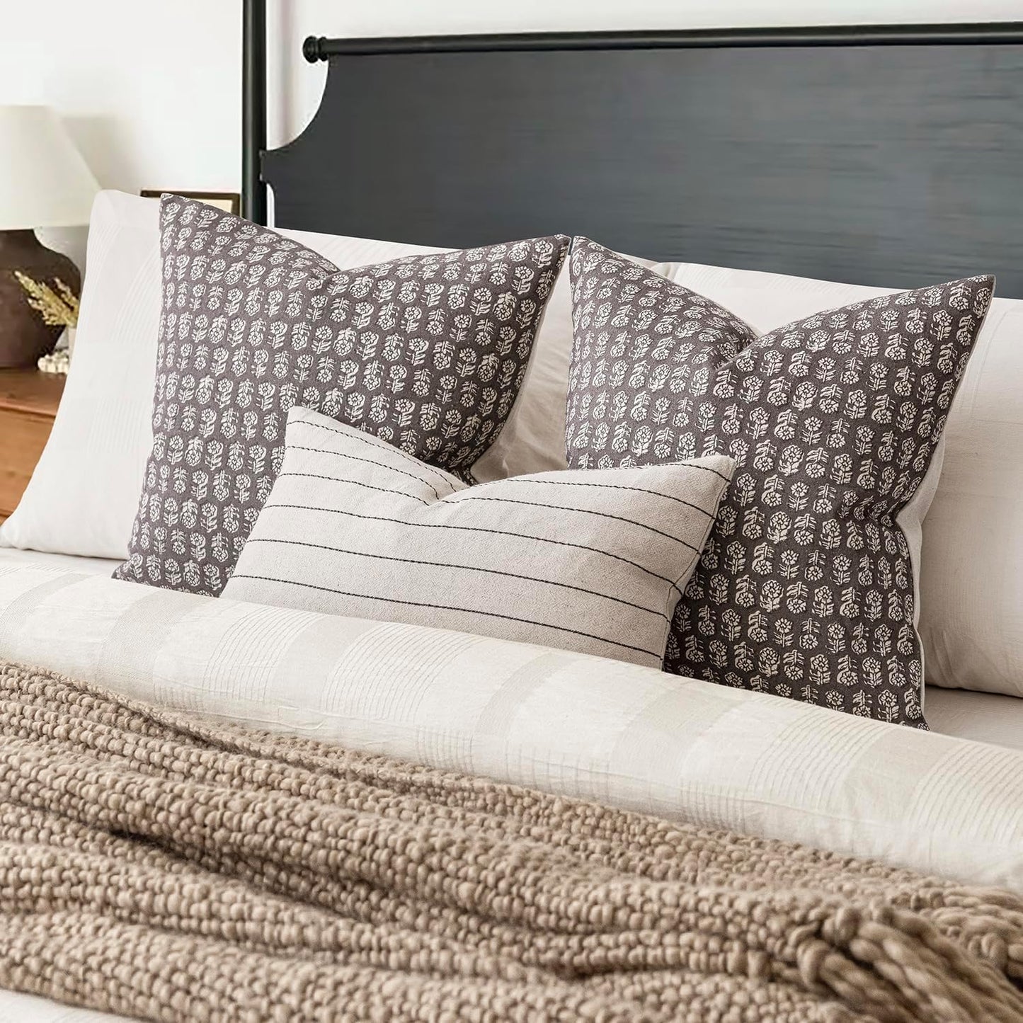 Foindtower Set of 2 Decorative Vintage Floral Print Throw Pillow Covers Neutral Modern Farmhouse Cushion Covers Boho Home Decor for Sofa Couch Chair Bedroom Living Room Outdoor,22×22 Inch,Rustic Gray