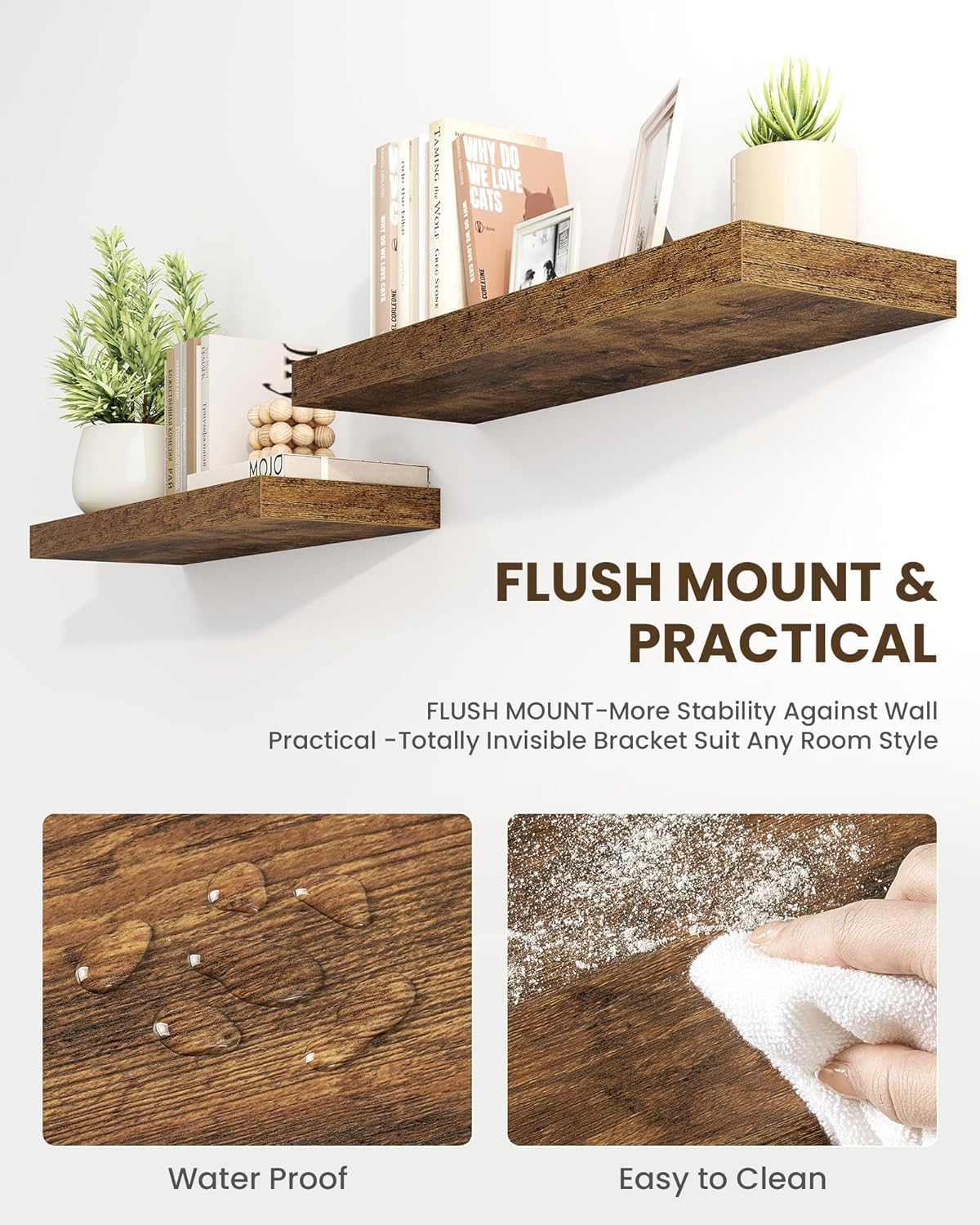 Marsmiles 36" Floating Shelves for Wall, Wooden Shelves with Invisible Brackets Set of 2, Rustic Farmhouse Wall Mounted Shelf for Kitchen Bathroom Living Room Study, Rustic Brown