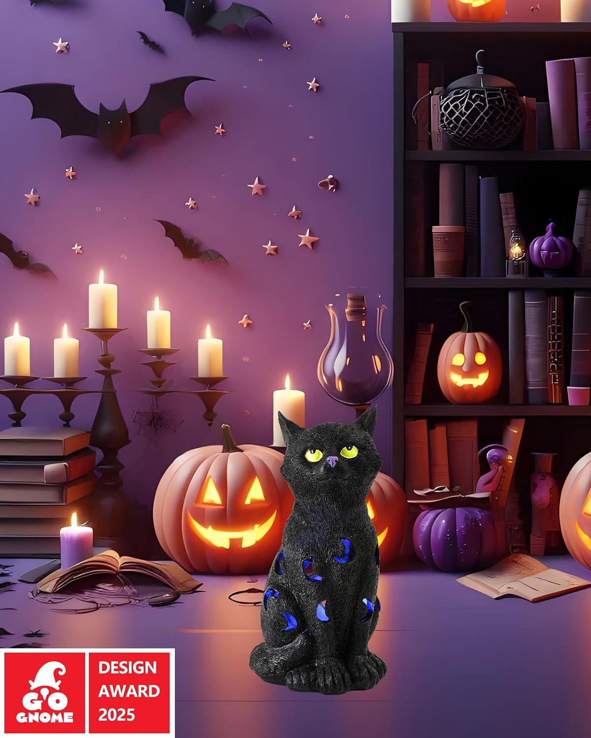 Black Cat Decor Halloween Decorations - 7.3'' Tall Resin Figurine with Moon Cutouts Color-Changing LED Flickering Lights (Halloween Cat)