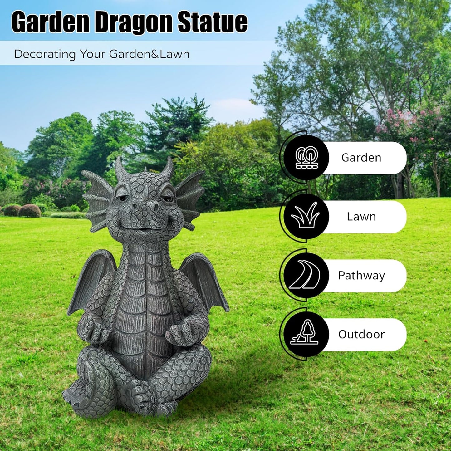 Garden Dragon Statue Decor - Meditation Dragon Sculpture Figurine Outdoor Decoration, Zen Yoga Garden Art Sculpture for Patio Lawn Yard Balcony Indoor Decor(Hands Flat)