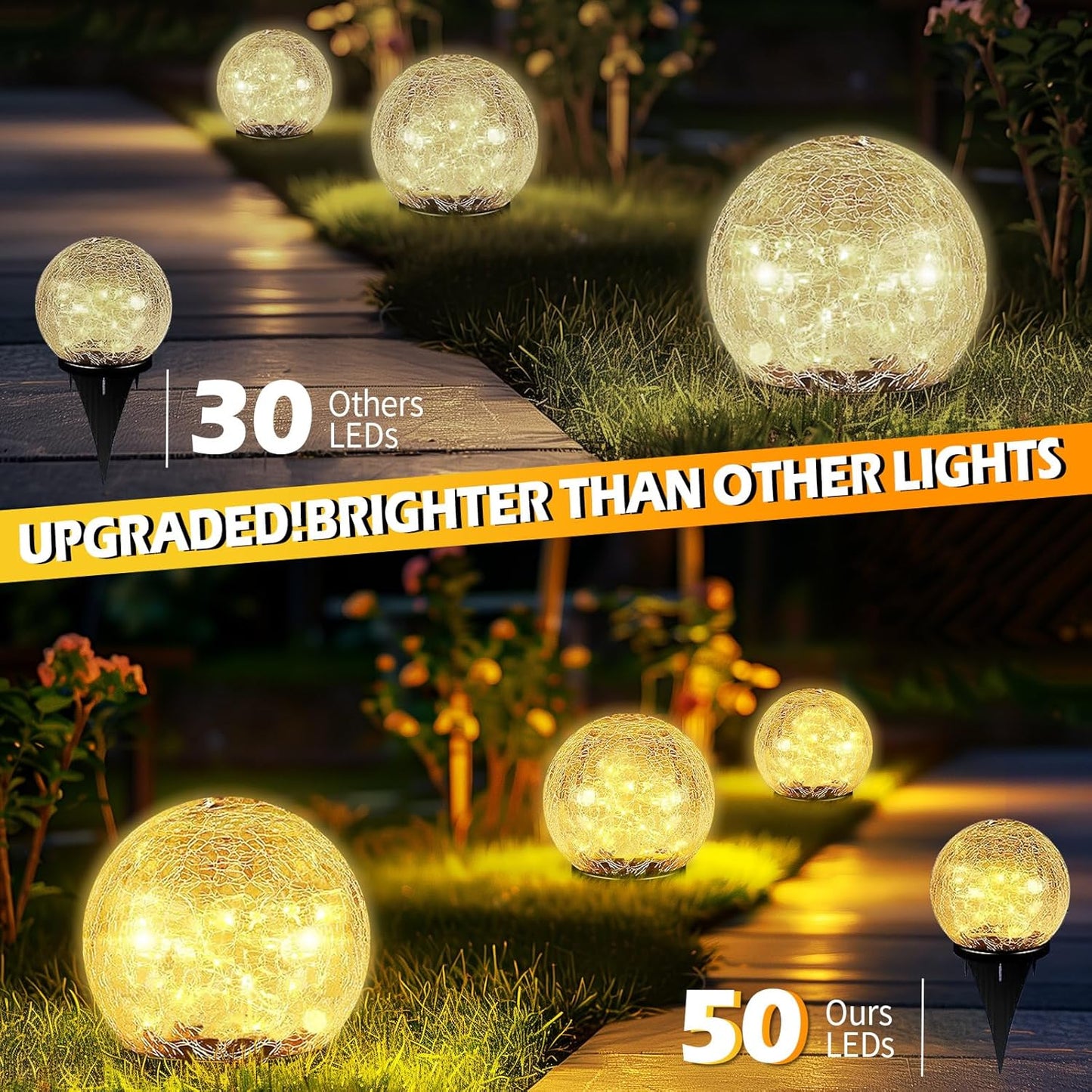 Garden Solar Ball Lights Outdoor Waterproof, 50 LED Cracked Glass Globe Solar Power Ground Lights for Path Yard Patio Lawn, Christmas Decoration Landscape Warm White(2 Pack 4.7'')