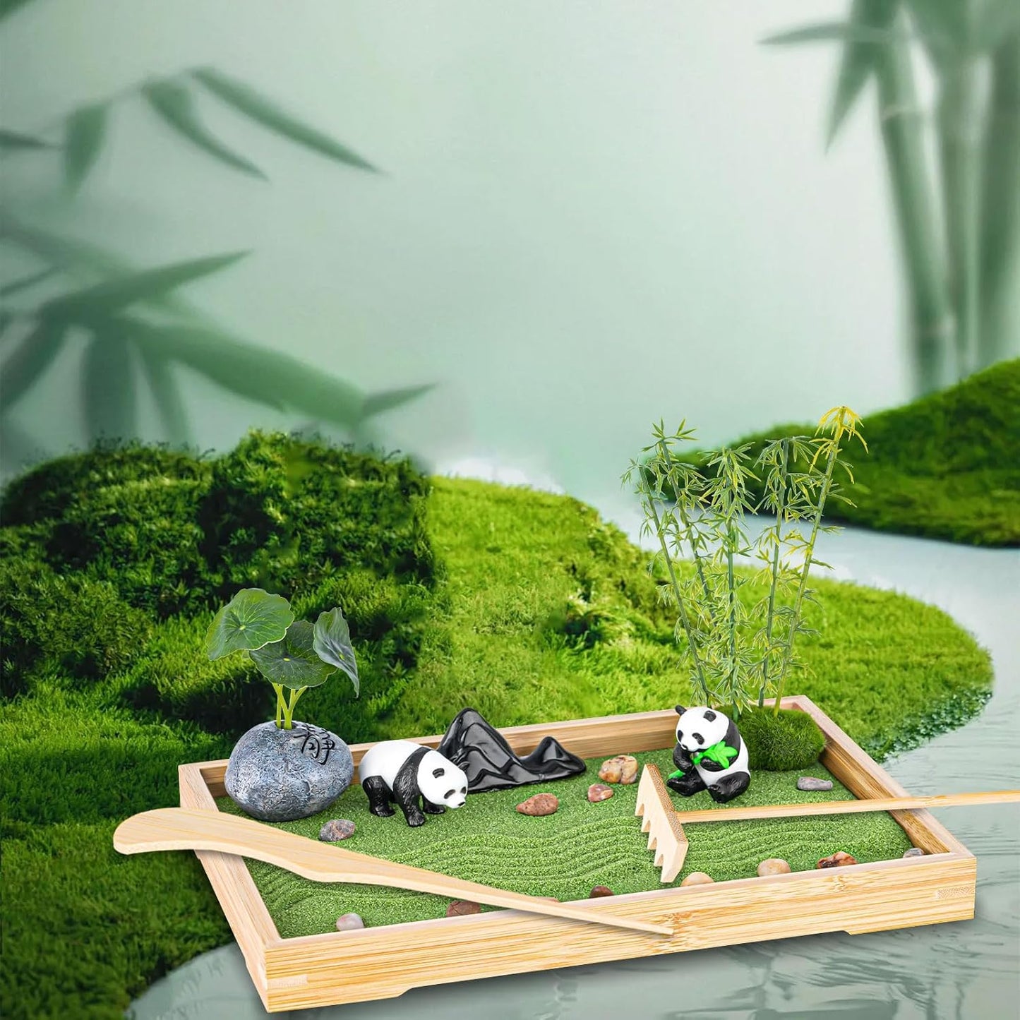 Zen Garden Kit for Desk 11''x7.5'' Room Decor with Green Sand, Panda Decorative Ornaments, Haystack, Ceramic Mountain, Stones and Rakes (Panda Bamboo)