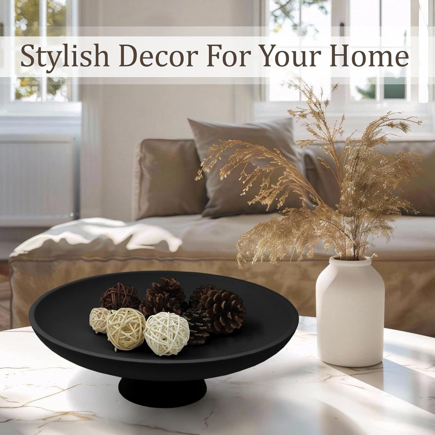 Large Decorative Bowl, Modern Resin Pedestal Bowl for Home Decor, Stylish Fruit Bowl for Kitchen Counter, Chic Key Holder for Entry Table, Matte Black