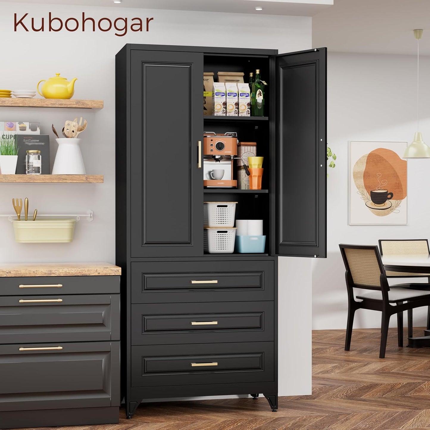 75" Kitchen Pantry Cabinet, Metal Storage Cabinets with Doors and Adjustable Shelves, Black Tall Pantry Cabinet with 3 Drawers for Dinning Living Room