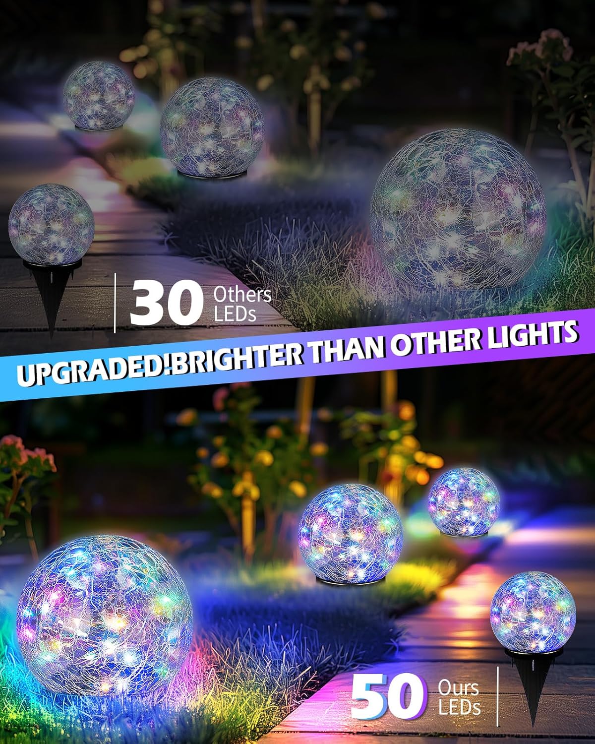 Garden Solar Ball Lights Outdoor Waterproof, 50 LED Cracked Glass Globe Solar Power Ground Lights for Path Yard Patio Lawn, Outdoor Decoration Landscape Colorful(2 Pack 4.7'')