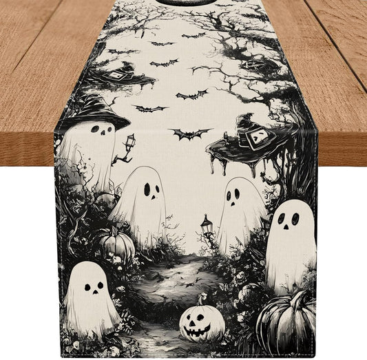 GPGHE Halloween Table Runner Black Ghost Holiday Burlap Table Decoration Indoor Outdoor Home Decor Party Supply 13 x 108 Inch
