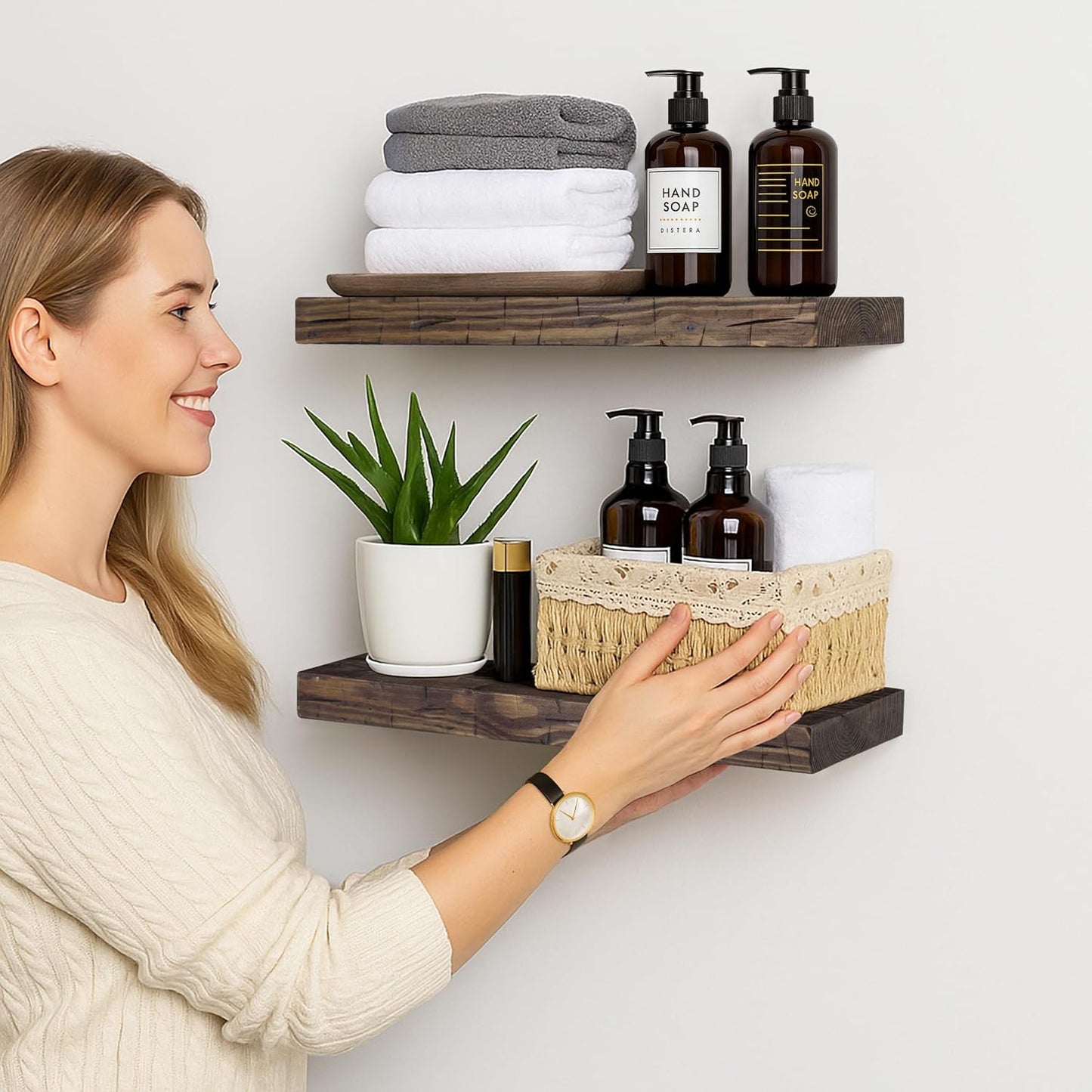 BGMG Wood Floating Shelves for Wall 18 inch, Distressed, Rustic Wooden Wall Mount Shelves for Bathroom Living Room Bedroom Kitchen Farmhouse Set of 2-18x6.7x1.25 inch-Distressed Walnut