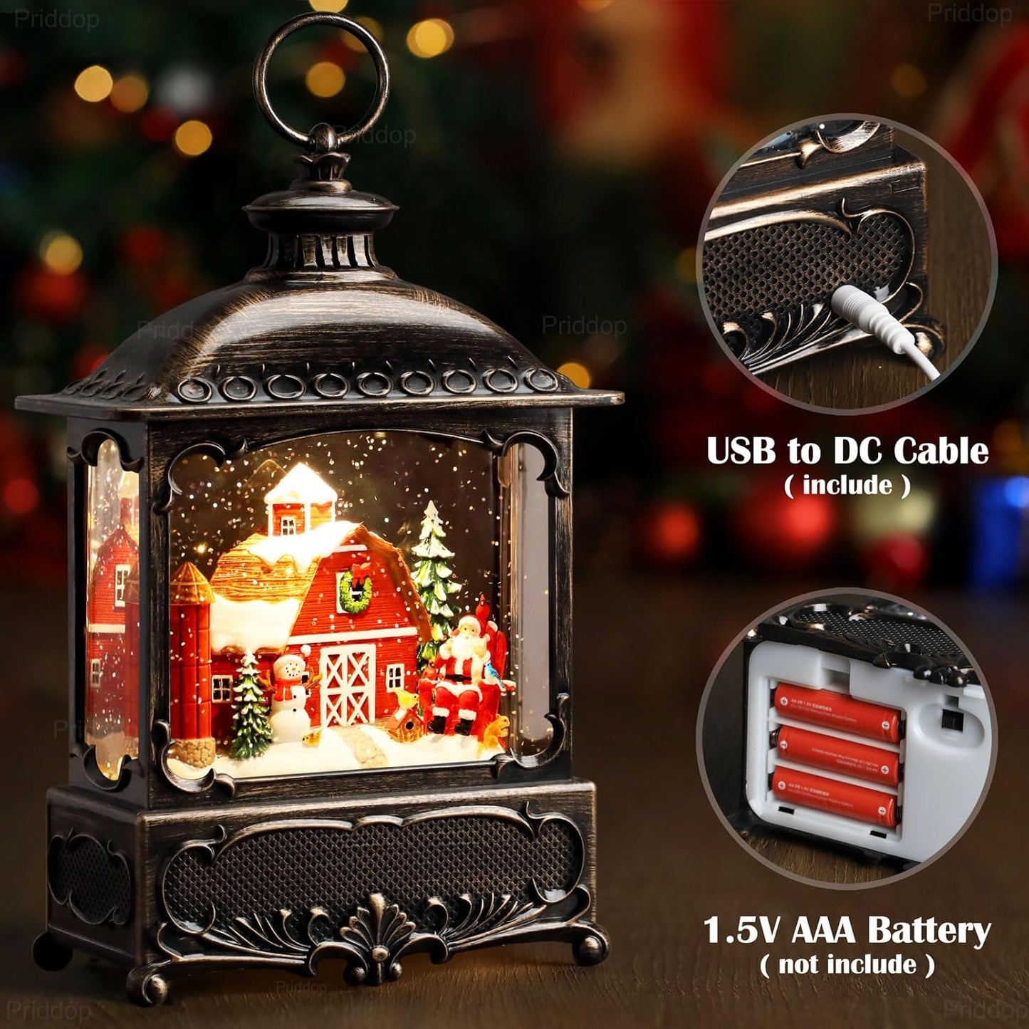 Christmas Snow Globe Lantern Christmas Decorations Gifts Barn Snowman Santa Claus Cardinal Winter Farm Scene Musical Glitter Snowfall USB/Battery Timer 12 inch