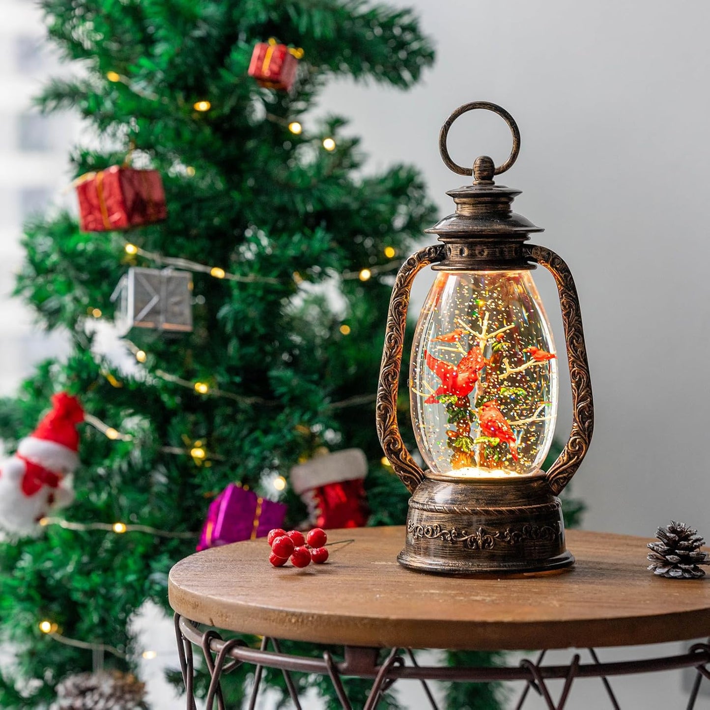 Christmas Snow Globe Lantern Water Glittering 12'' Cardinal with Music, USB Lined/Battery Operated Lighted Lantern for Christmas Festival Decoration Gifts