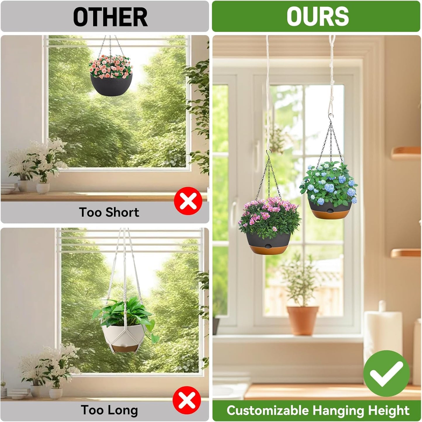 10 Inch Hanging Planters for Indoor & Outdoor Plants (2 Pack) - Self-Watering & Drainage Flower Pots with 2 Kinds of Plant Hangers for Home Decor & Garden (Deep Gray, 10 in)