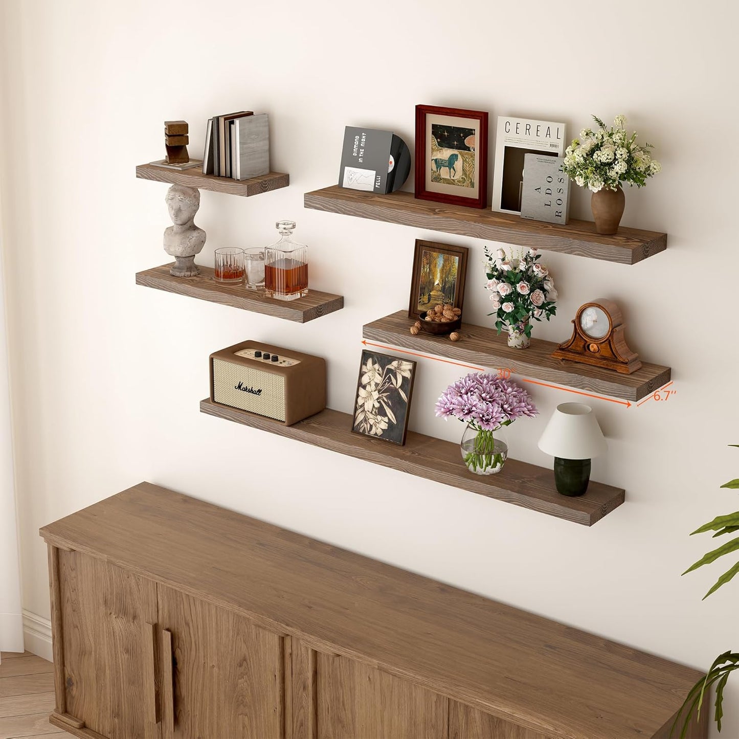 BGMG Wood Floating Shelves 30 inch for Wall Set of 2, Rustic Wooden Wall Mount Shelves for Bathroom Living Room Bedroom Kitchen Farmhouse -30x 6.7 x1.25 inch- Walnut Color