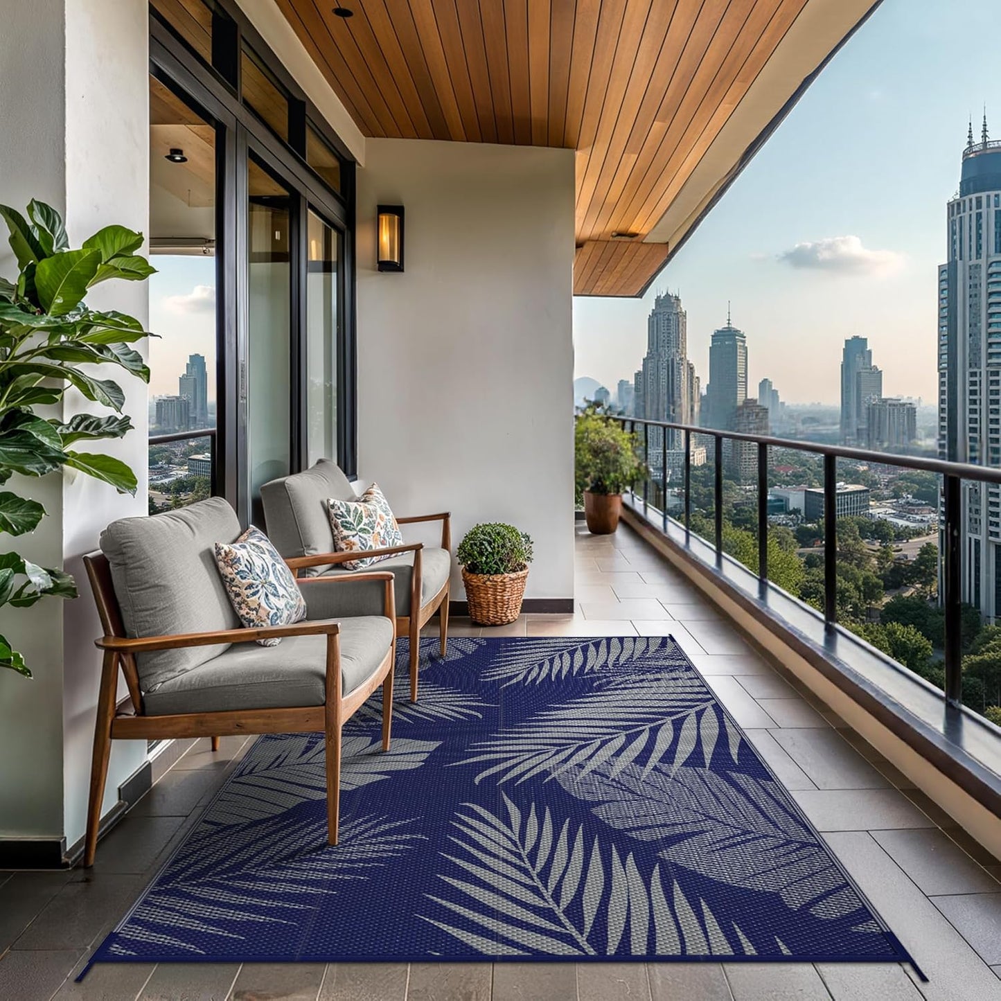 GENIMO Outdoor Rug 9' x 12' Waterproof for Patios Clearance, Reversible Outdoor Plastic Straw Camping Rug Carpet, Large Area Rugs Mats for RV, Camper, Deck, Balcony, Porch, Beach, Navy Blue&Grey