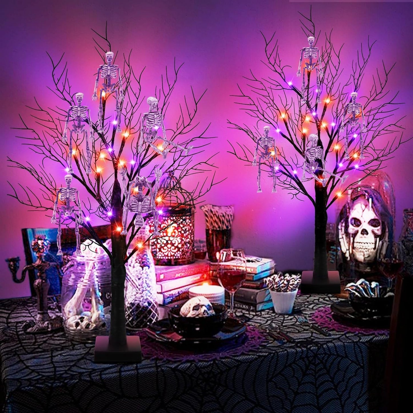 16 Pcs mini skeleton halloween decoration With hemp rope，6”small plastic posable halloween tiny skeleton figurines decor for Halloween Indoor Outdoor Graveyard Decor Haunted House Party Favors