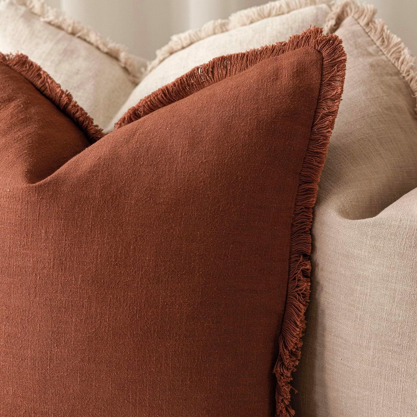 Foindtower Set of 2 Decorative Linen Fringe Throw Pillow Covers Farmhouse Cushion Cover with Tassels Soft Accent Pillowcase for Couch Chair Sofa Bed Living Room Home Decor,24×24 Inch,Fall Rust Orange