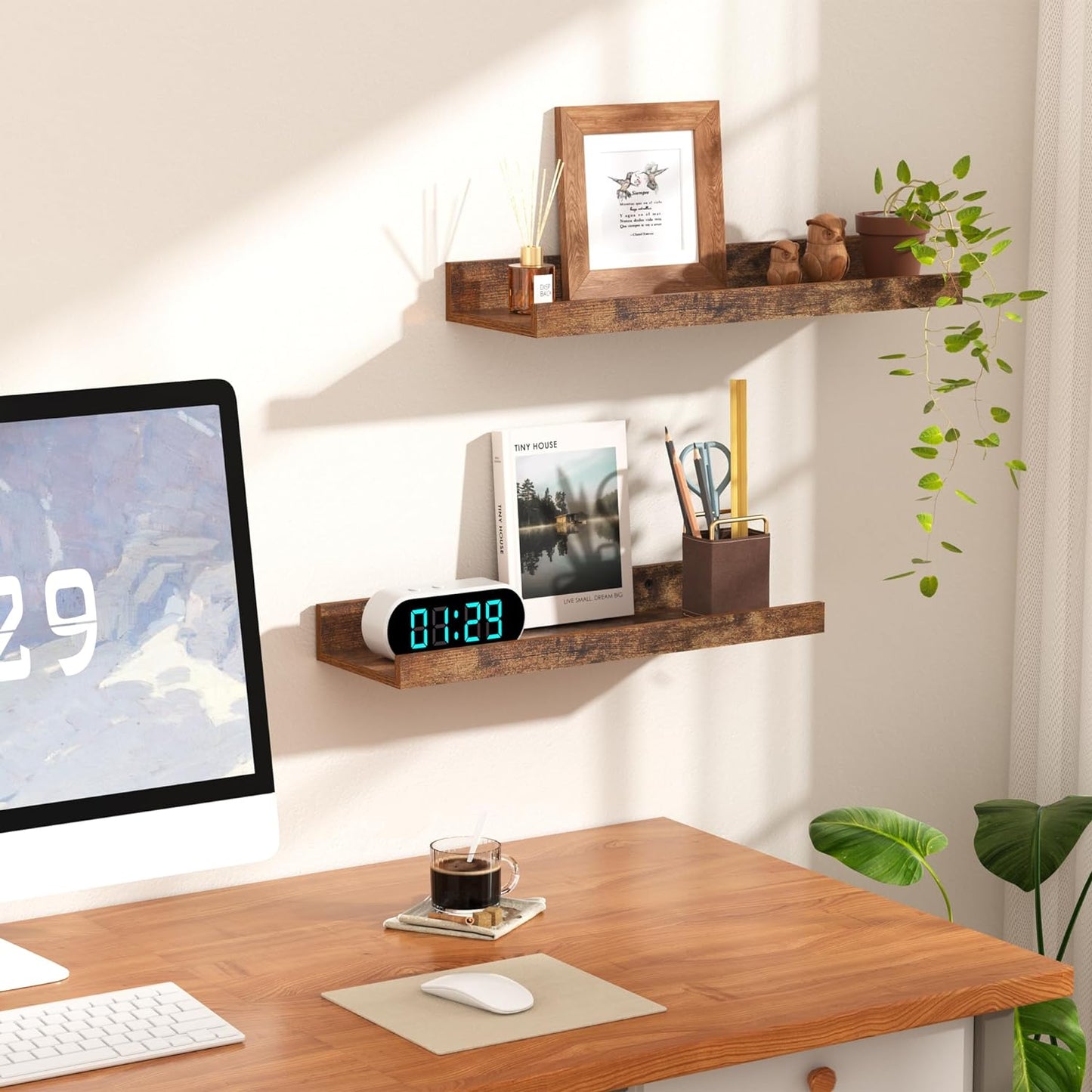 upsimples Floating Shelves for Wall, Wall Shelves for Decor Storage Set of 6, Wall Mounted Wood Shelf for Bedroom, Living Room, Bathroom, Kitchen, Picture Ledge Shelf, Brown