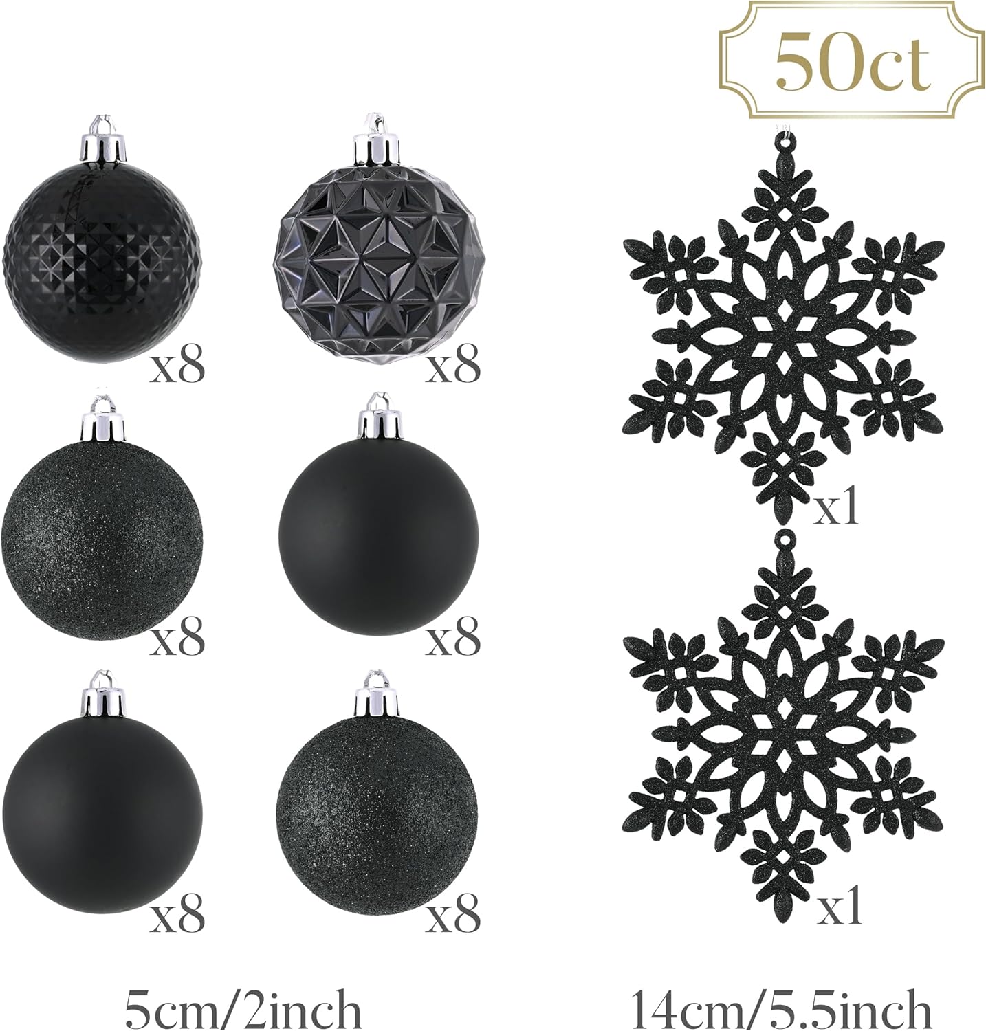 Valery Madelyn Christmas Tree Decorations Ornament Set for Fall Halloween, 50ct 2 Inches Black Shatterproof Christmas Ball Ornaments Hanging Xmas Holiday Party Decor