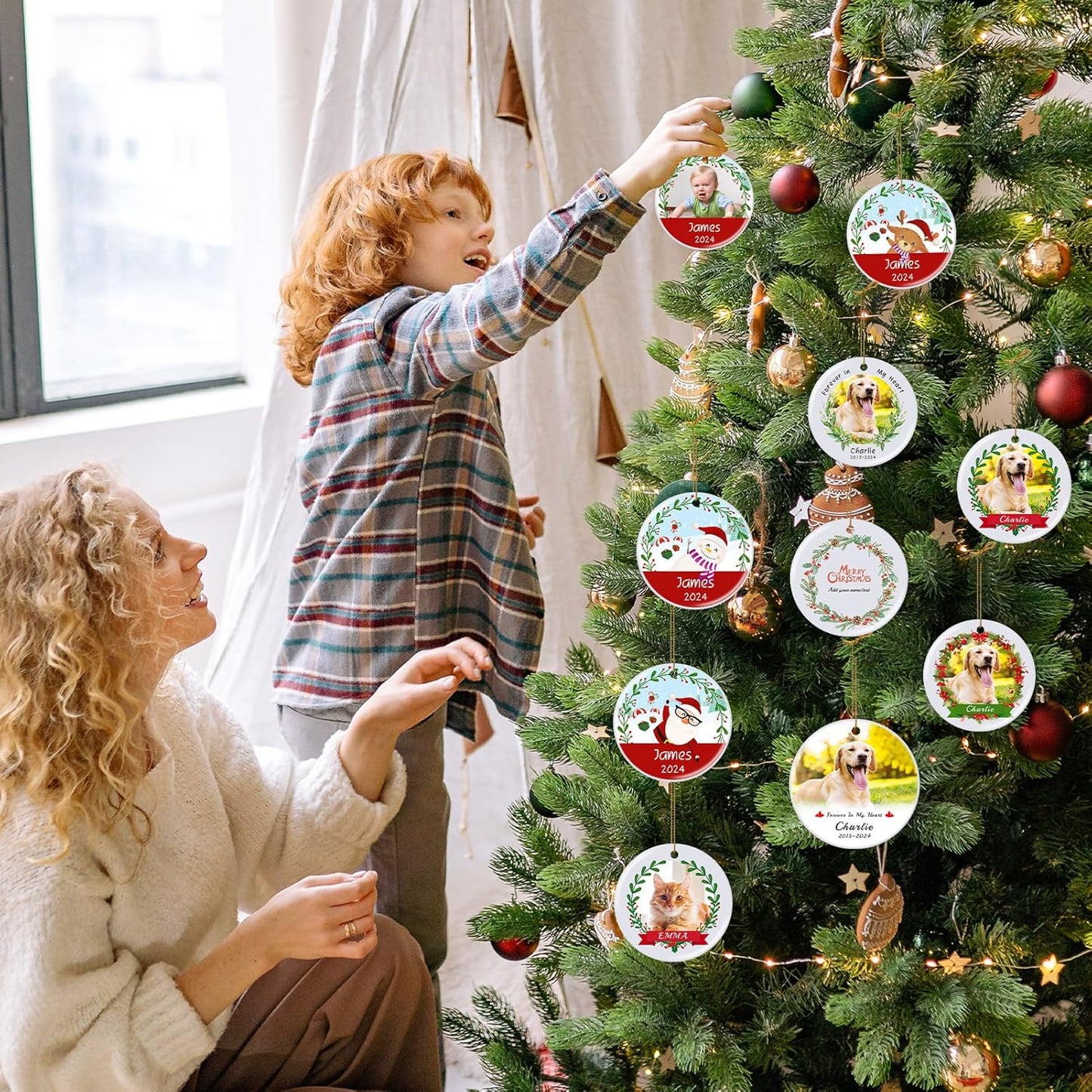 Personalized Christmas Ornaments 2025, Double-Side Custom Christmas Ornament, Round Ceramic Photo Ornament Christmas Tree Decorations for Kids, Mom, Dad, Family, Loved One