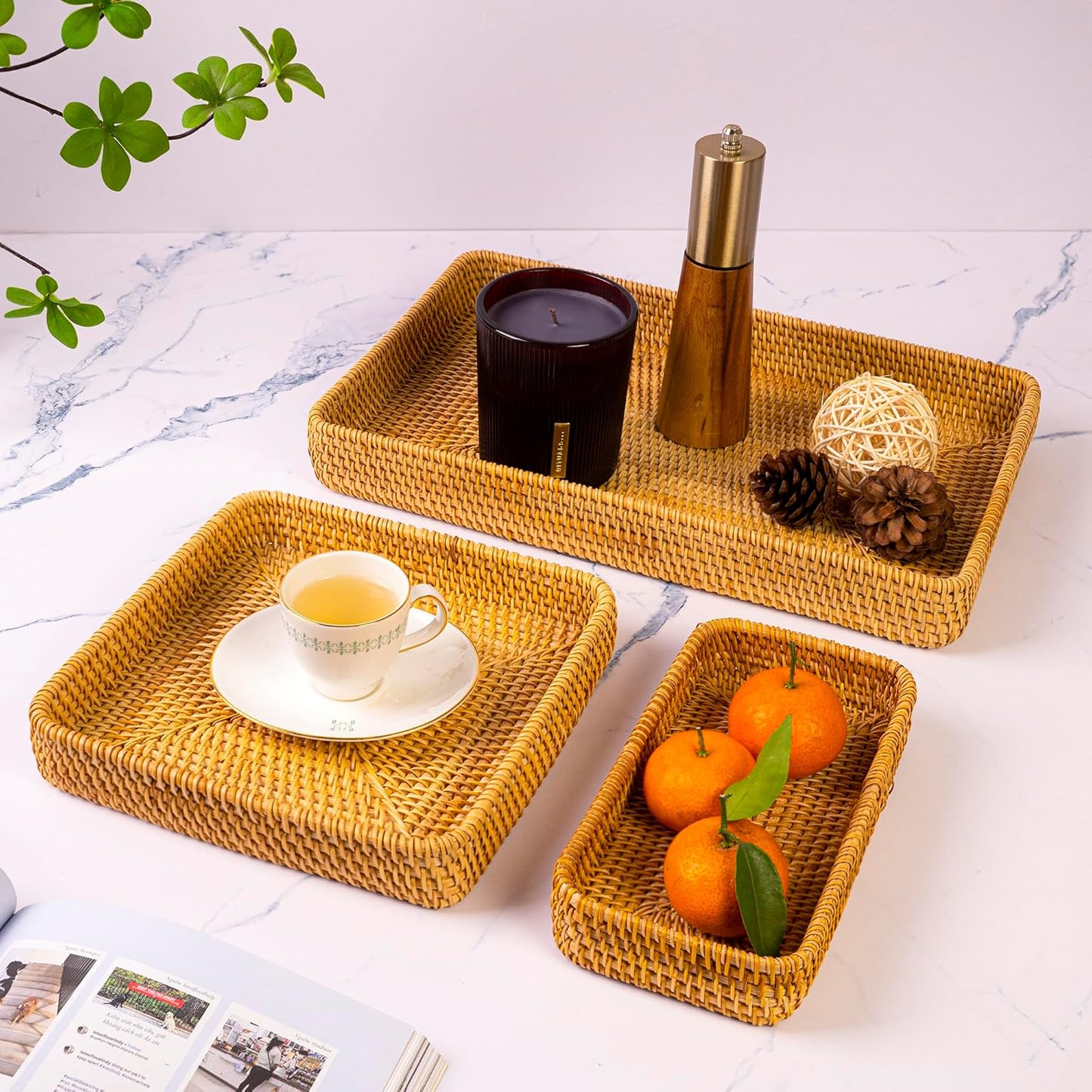 Handmade Rattan Serving Trays, Set of 3, Woven Rectangular Storage Baskets