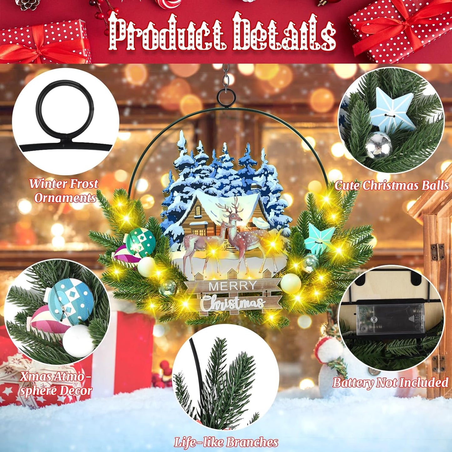 Light up Christmas Wreaths for Front Door, Welcome Metal Wooden Door Wreath Decor Hanging Sign, 30 LED Lighted Wall Decor Battery Operated for Halloween Indoor Outdoor (Deer)