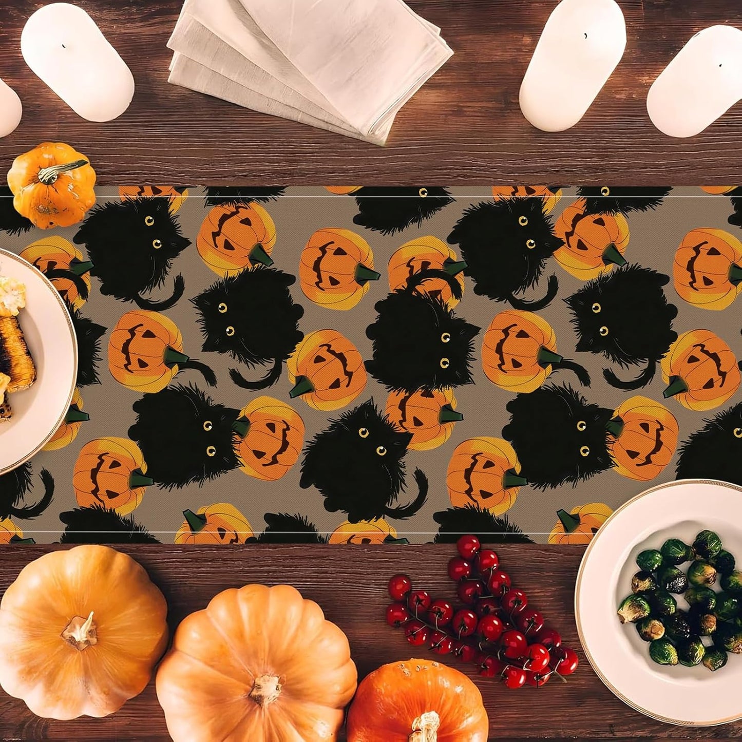 Halloween Table Runner Black Cat Pumpkins Seasonal Kitchen Dining Table Home Outdoor Party Decorations 13x36 Inch