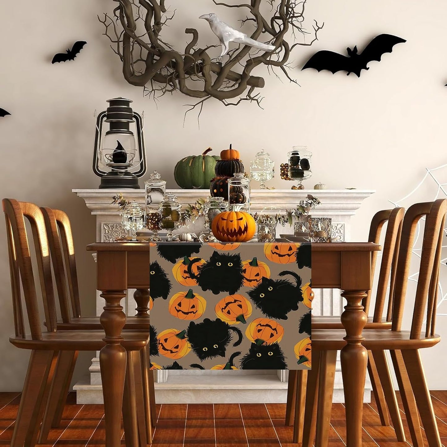 Halloween Table Runner Black Cat Pumpkins Seasonal Kitchen Dining Table Home Outdoor Party Decorations 13x48 Inch