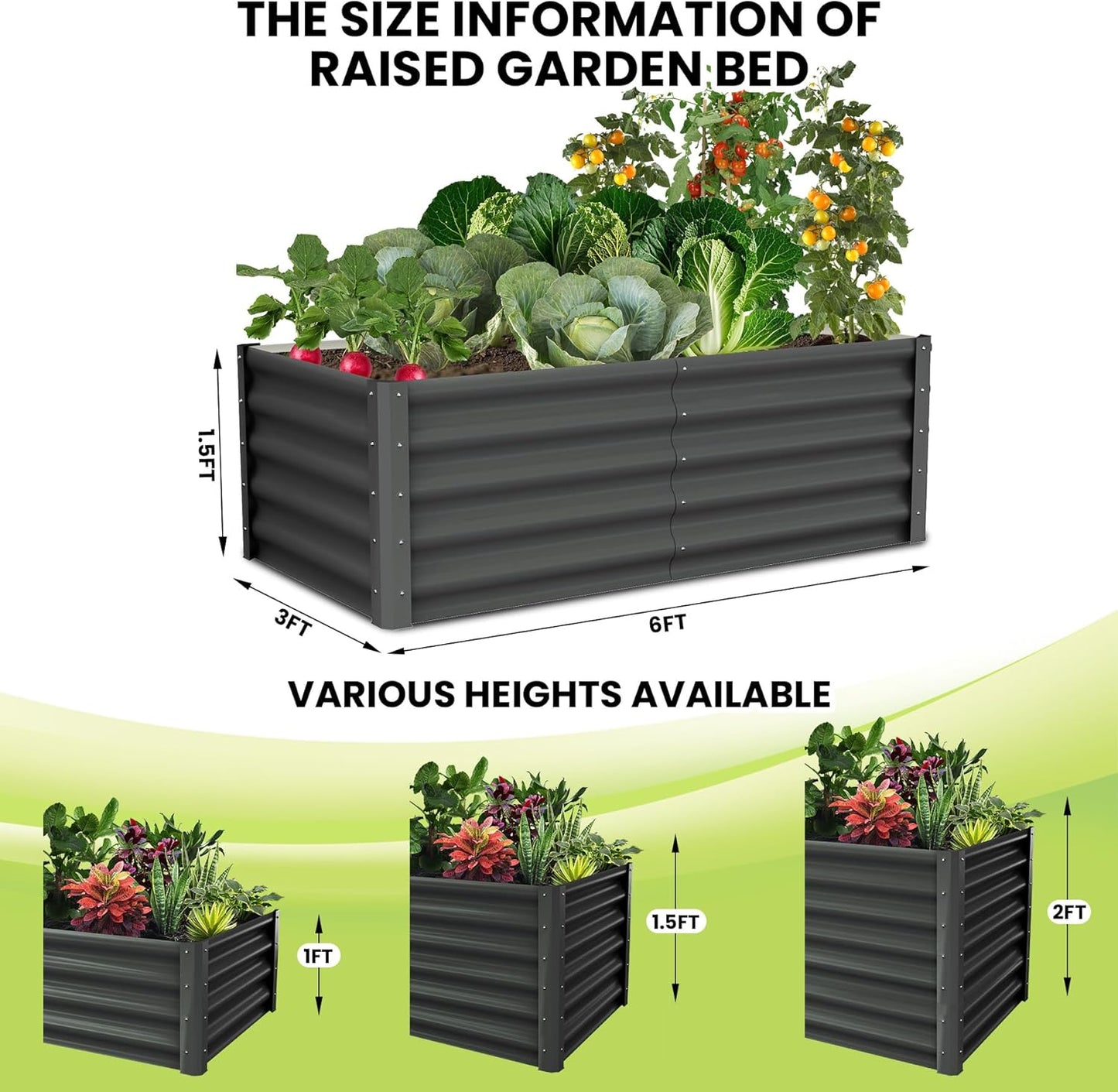 Galvanized Raised Garden Bed Outdoor, 2 Pcs 6x3x1.5FT Outdoor Large Planter Raised Beds Open Base with Safety Edge and Glove for Vegetables Flowers Ground Planter, Dark Grey
