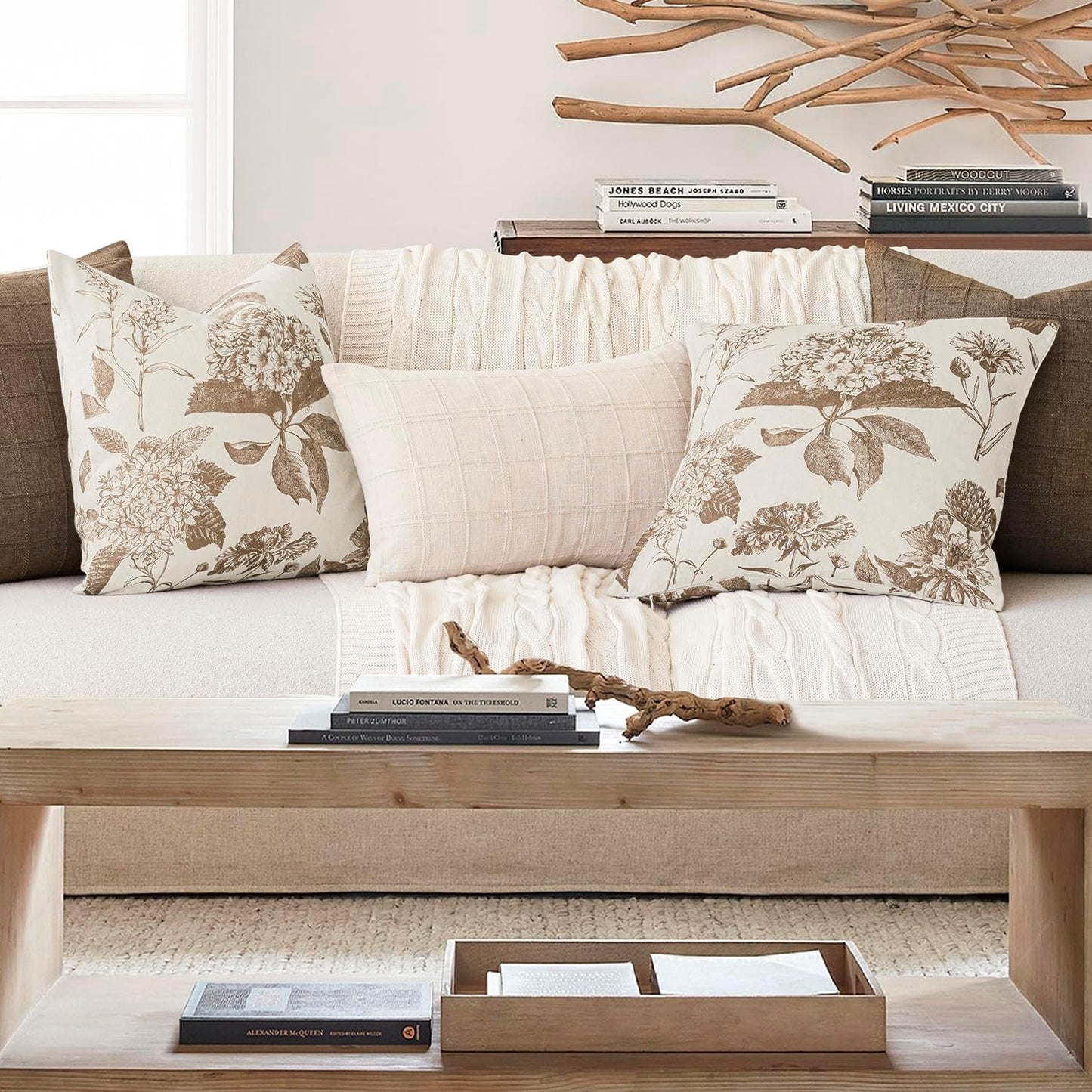 Foindtower Set of 2 Linen Floral Throw Pillow Covers Neutral Vintage Print Decorative Cushion Covers Farmhouse Boho Home Decor for Sofa Chair Couch Bedroom Living Room Outdoor,24×24 Inch,Light Brown