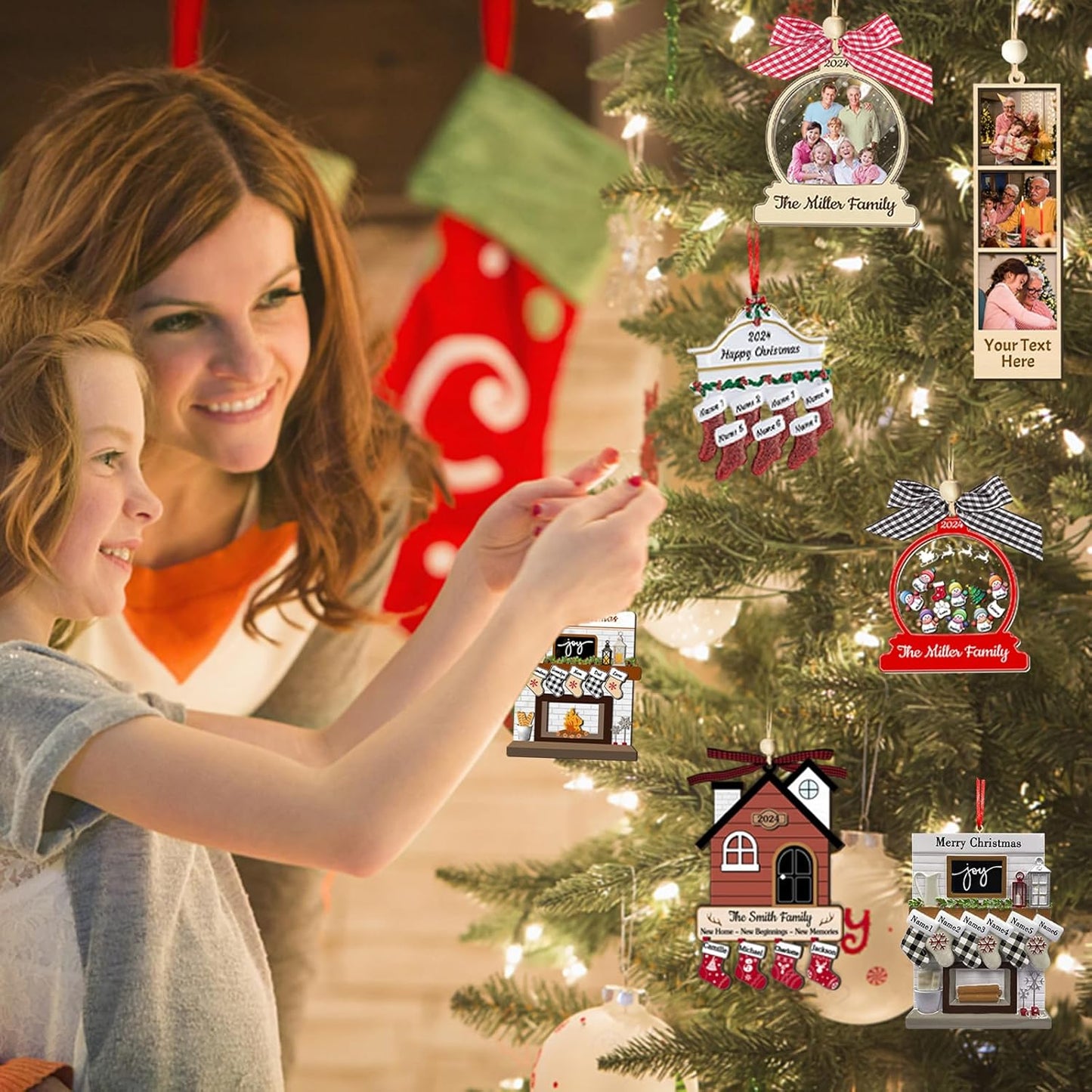 Personalized Christmas Ornaments with Photo Names Custom Family Ornament Customized Xmas Tree Hanging Wood Decoration Gift Snow Globe