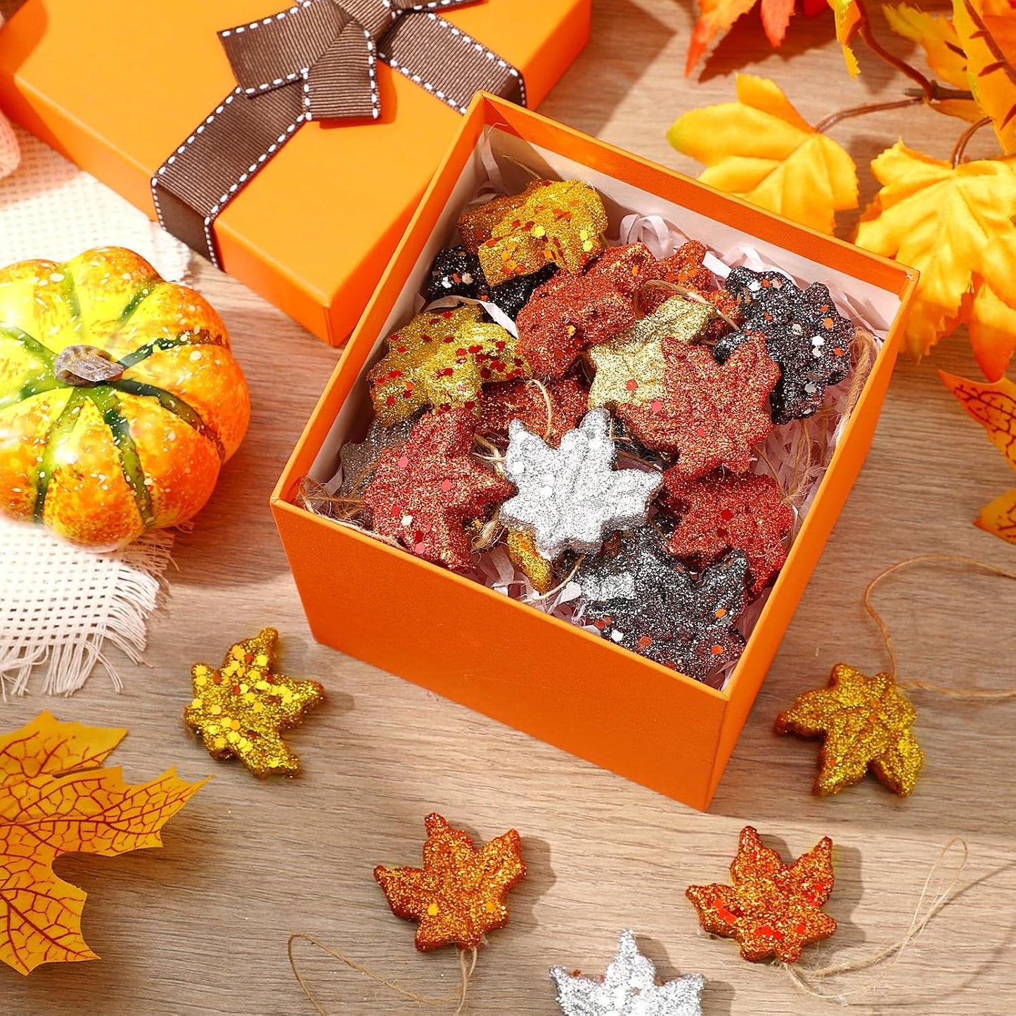 JULMELON 24 Pcs Thanksgiving Glitter Maple Leaves Colorful Foam Maple Ornaments Mini Hanging Fall Autumn Leaves for Thanksgiving Day Tree Decoration Party Favors Craft Supplies