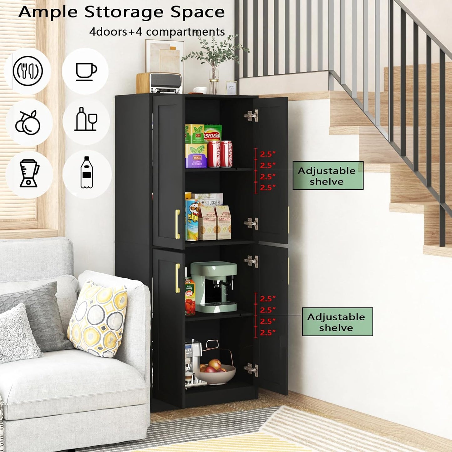 Tall Storage Cabinet with Doors & Shelf for Bathroom, Living Room, Entryway - Black